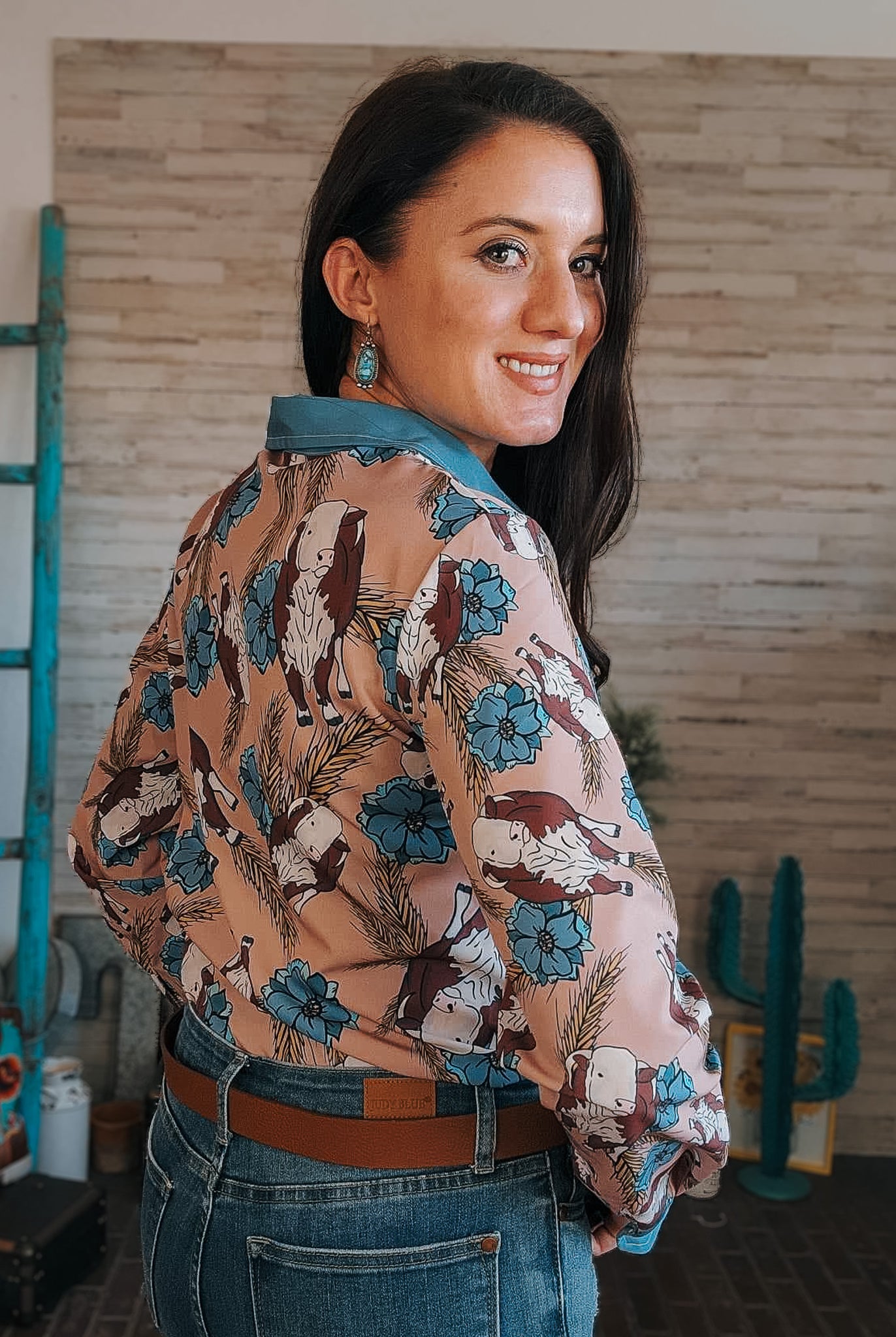 Taupe & Blue Hereford Long Sleeve Button Down YC Long Sleeve Button Down The Cinchy Cowgirl (YC)
