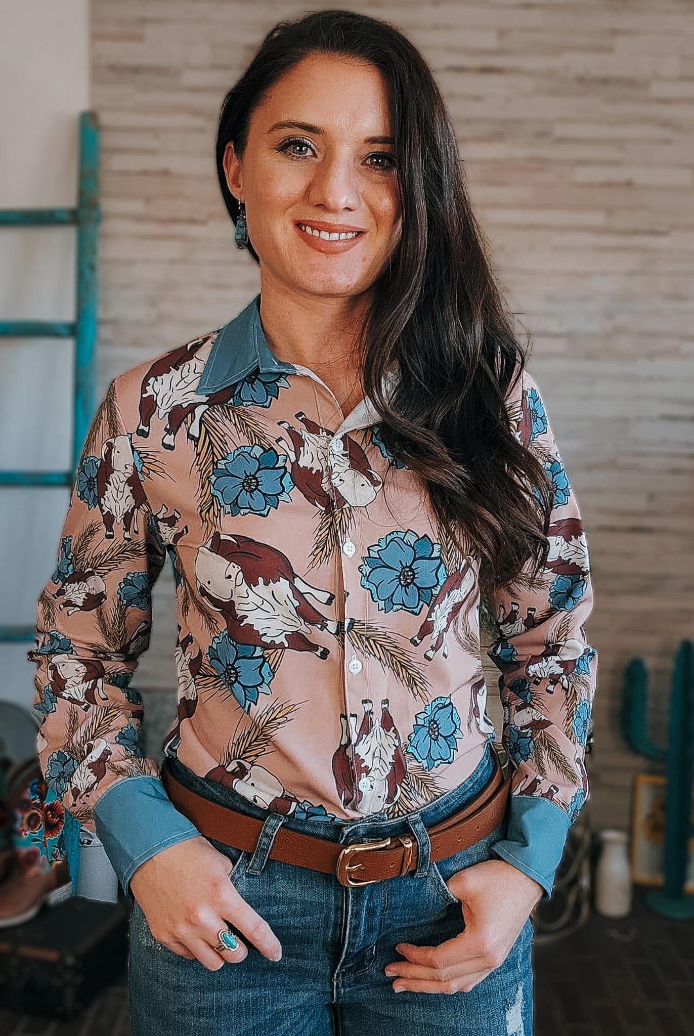 Taupe & Blue Hereford Long Sleeve Button Down YC Long Sleeve Button Down The Cinchy Cowgirl (YC)