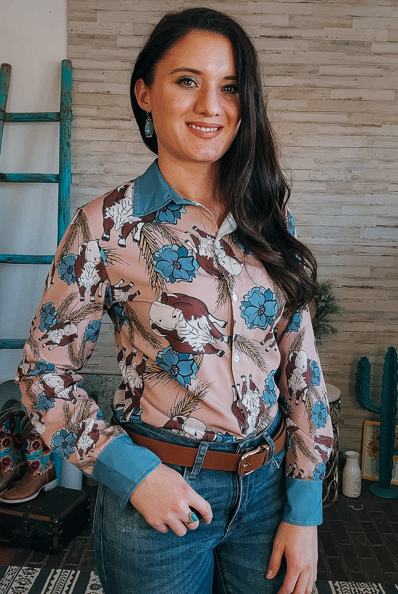 Taupe & Blue Hereford Long Sleeve Button Down YC Long Sleeve Button Down The Cinchy Cowgirl (YC) XS