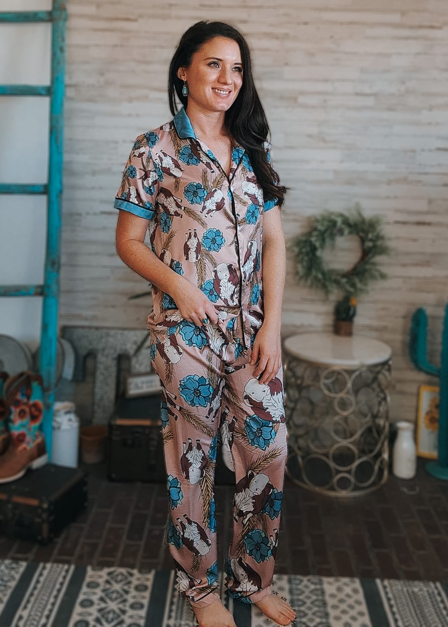 Taupe & Blue Hereford Silky Pajamas - Pants The Cinchy Cowgirl (YC)