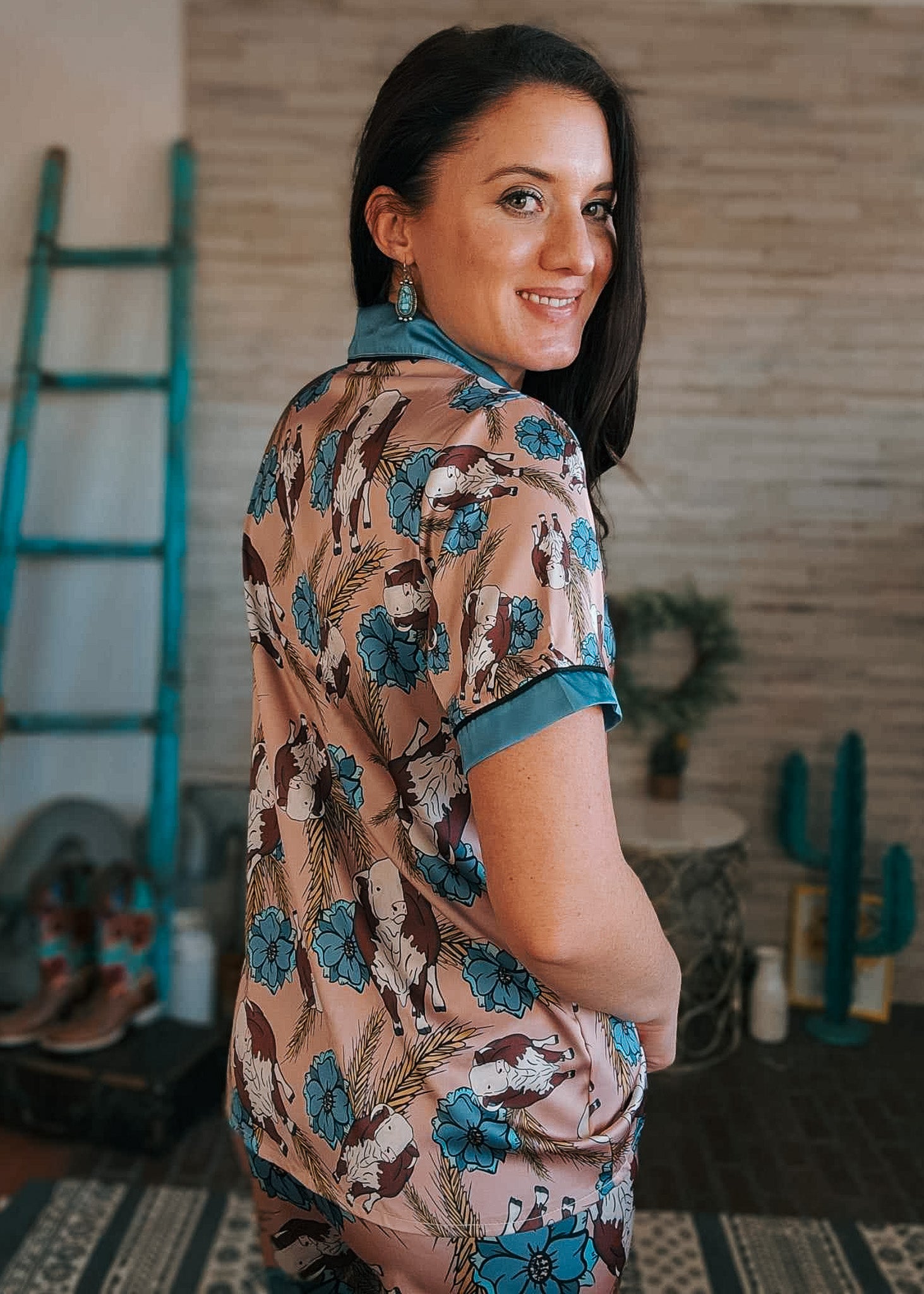 Taupe & Blue Hereford Silky Pajamas - Pants The Cinchy Cowgirl (YC)