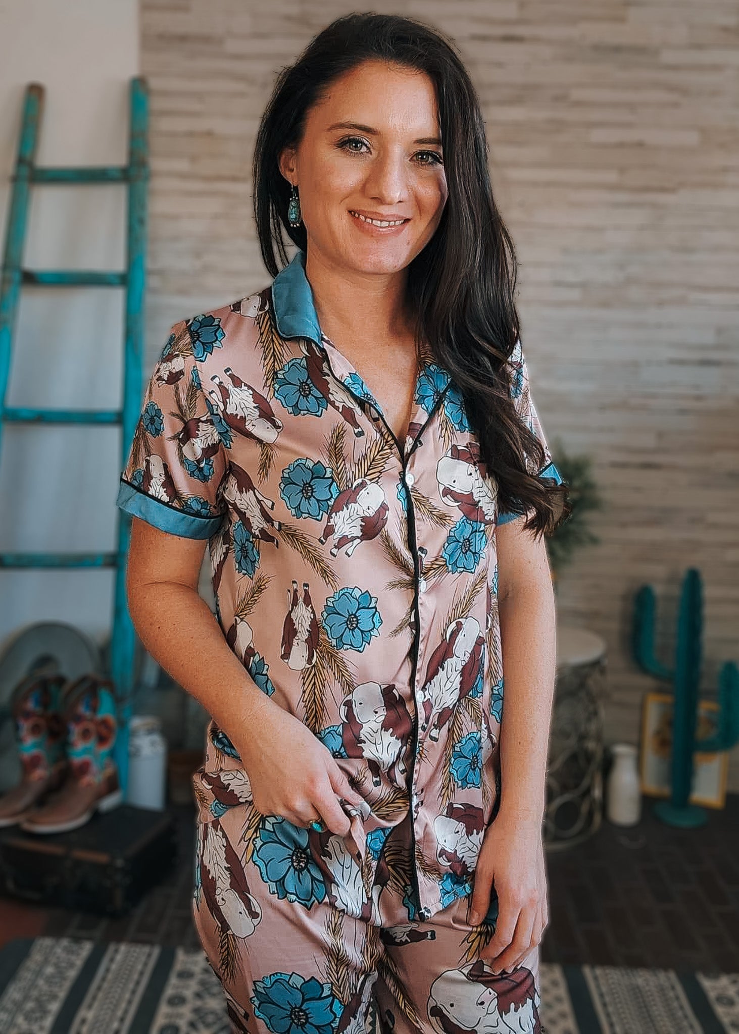 Taupe & Blue Hereford Silky Pajamas - Pants The Cinchy Cowgirl (YC) S