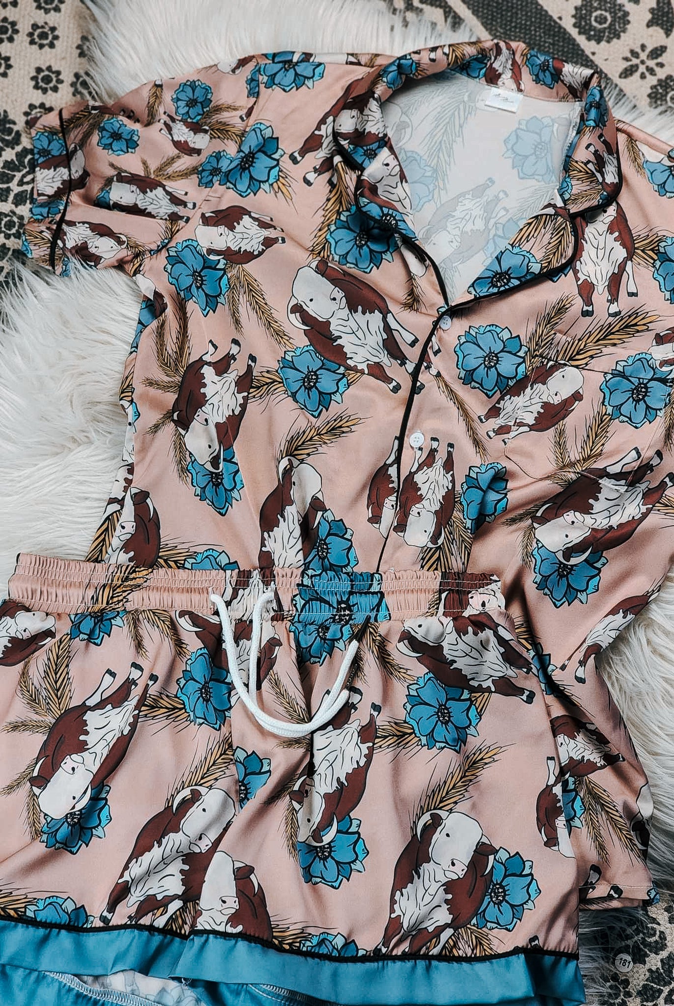 Taupe & Blue Hereford Silky Pajamas - Shorts silky pajamas - shorts The Cinchy Cowgirl (YC)