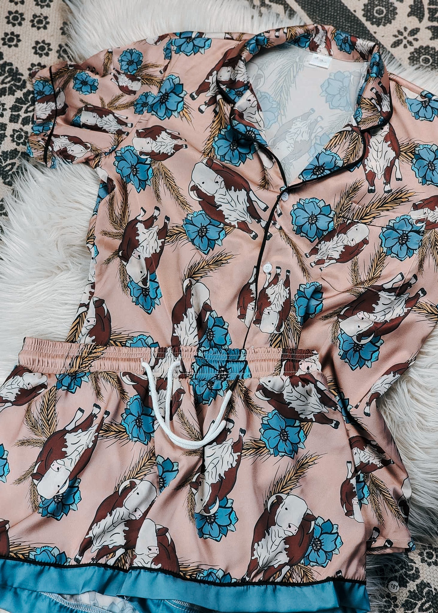 Taupe & Blue Hereford Silky Pajamas - Shorts silky pajamas - shorts The Cinchy Cowgirl (YC)