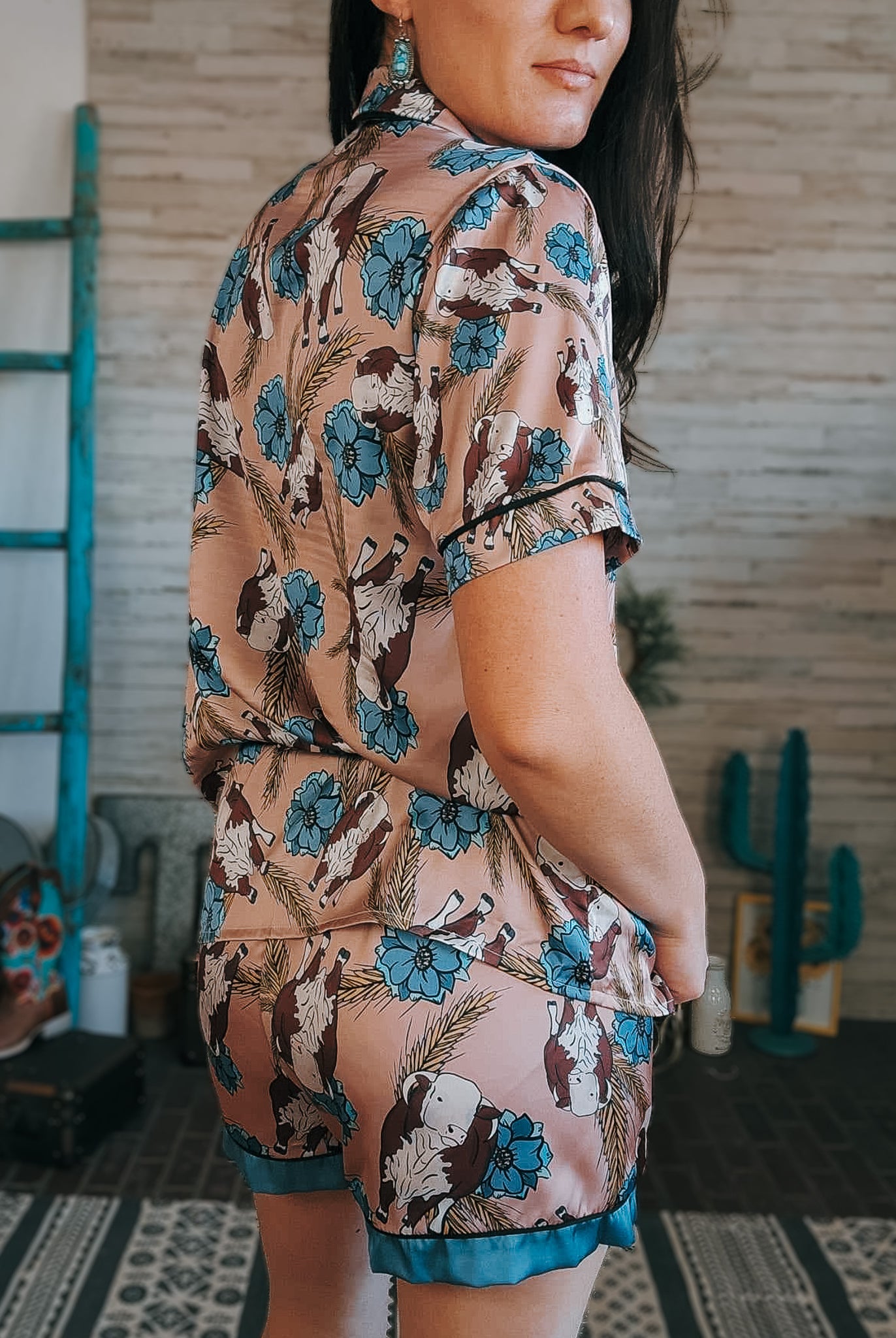 Taupe & Blue Hereford Silky Pajamas - Shorts silky pajamas - shorts The Cinchy Cowgirl (YC)