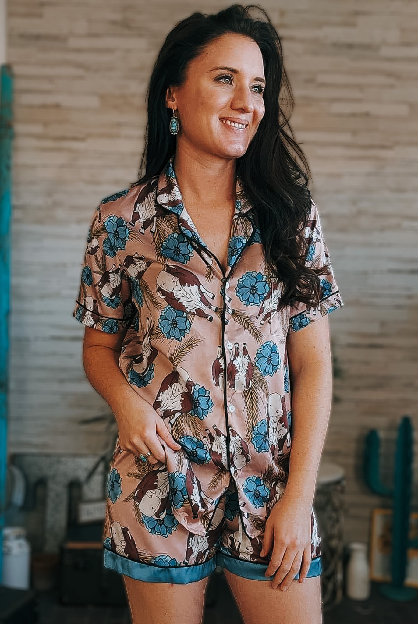 Taupe & Blue Hereford Silky Pajamas - Shorts silky pajamas - shorts The Cinchy Cowgirl (YC)