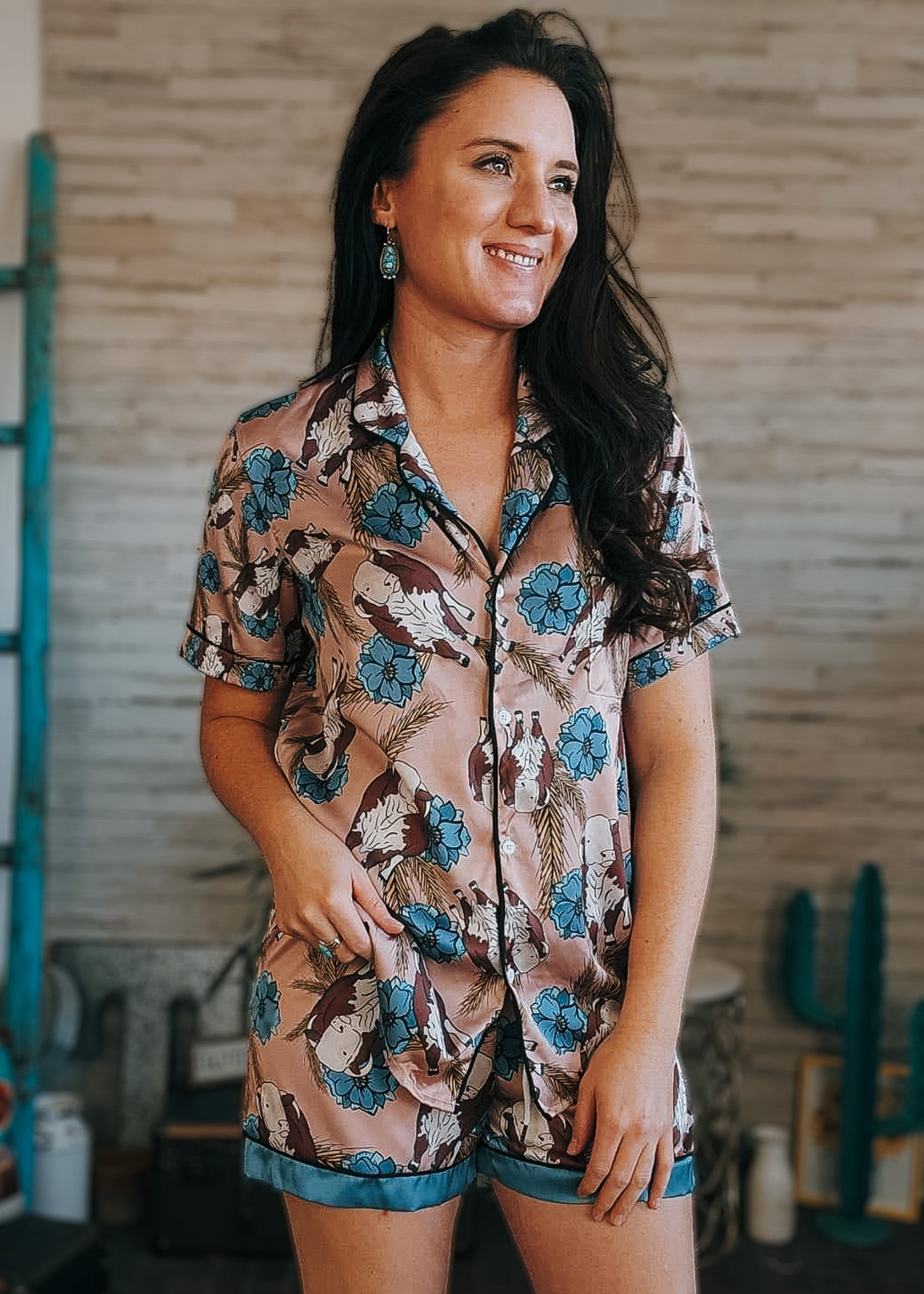 Taupe & Blue Hereford Silky Pajamas - Shorts silky pajamas - shorts The Cinchy Cowgirl (YC)