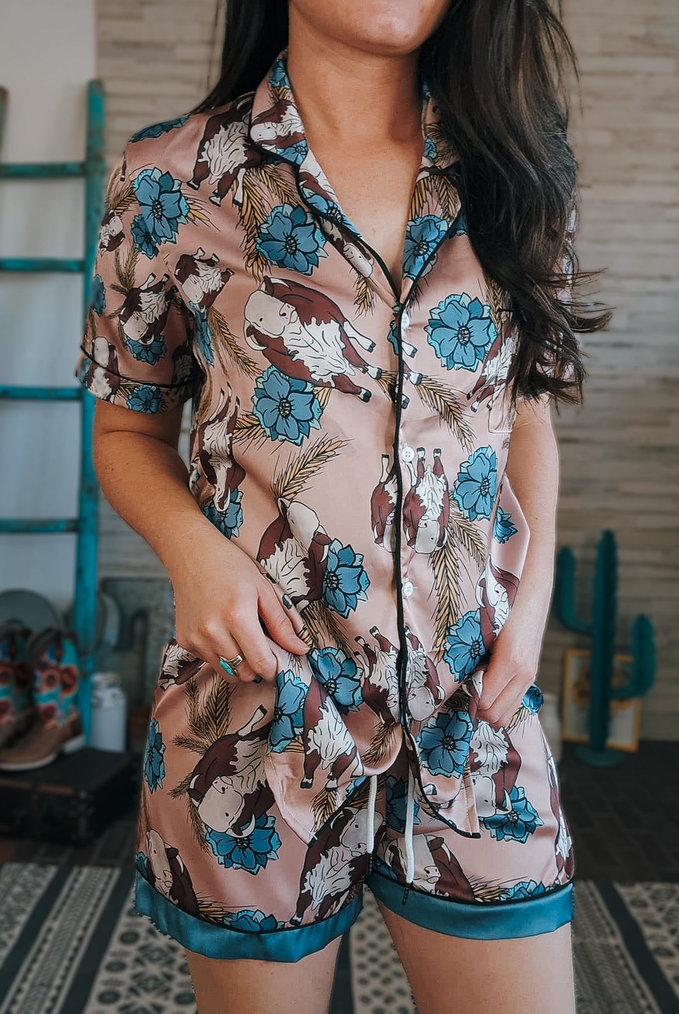 Taupe & Blue Hereford Silky Pajamas - Shorts silky pajamas - shorts The Cinchy Cowgirl (YC) S