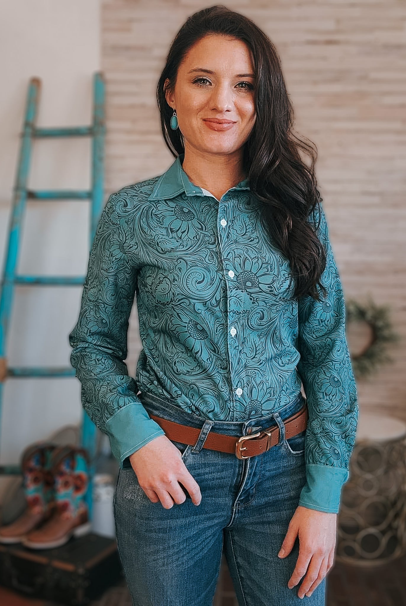 Teal Floral Long Sleeve Button Down YC Long Sleeve Button Down The Cinchy Cowgirl (YC) XS