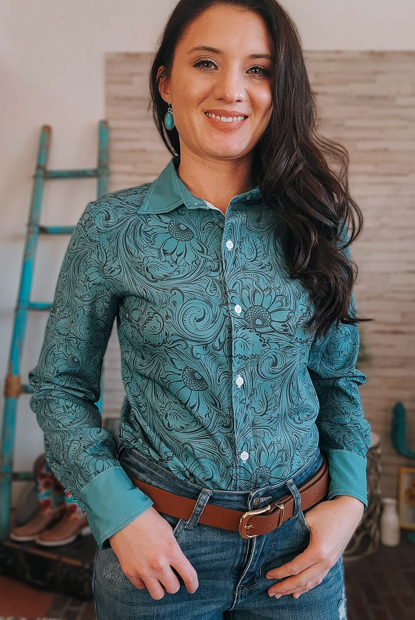 Teal Floral Long Sleeve Button Down YC Long Sleeve Button Down The Cinchy Cowgirl (YC)
