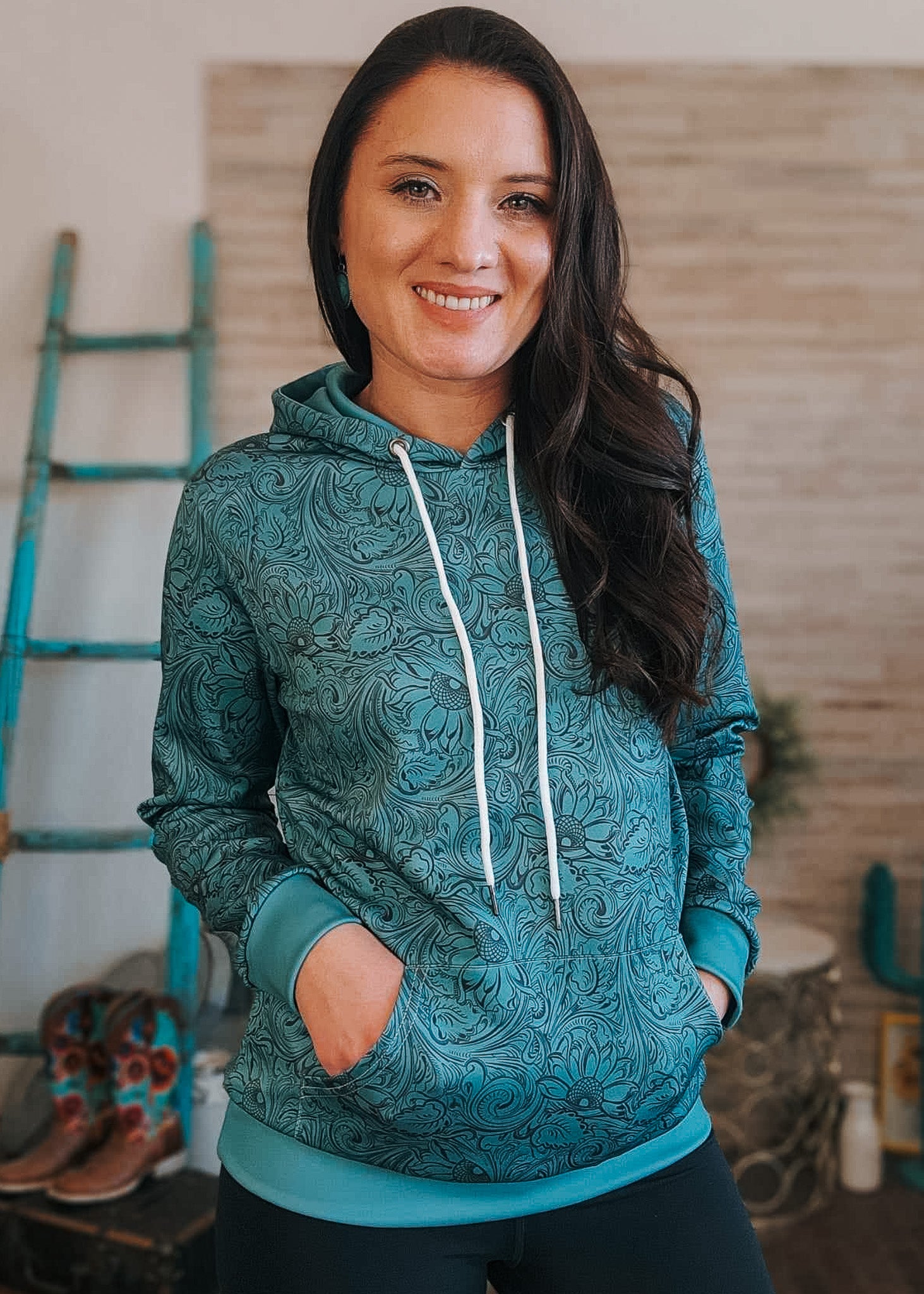 Teal Floral Tooled Hoodie Women's Pullover Hoodie With Drawstring The Cinchy Cowgirl (YC)