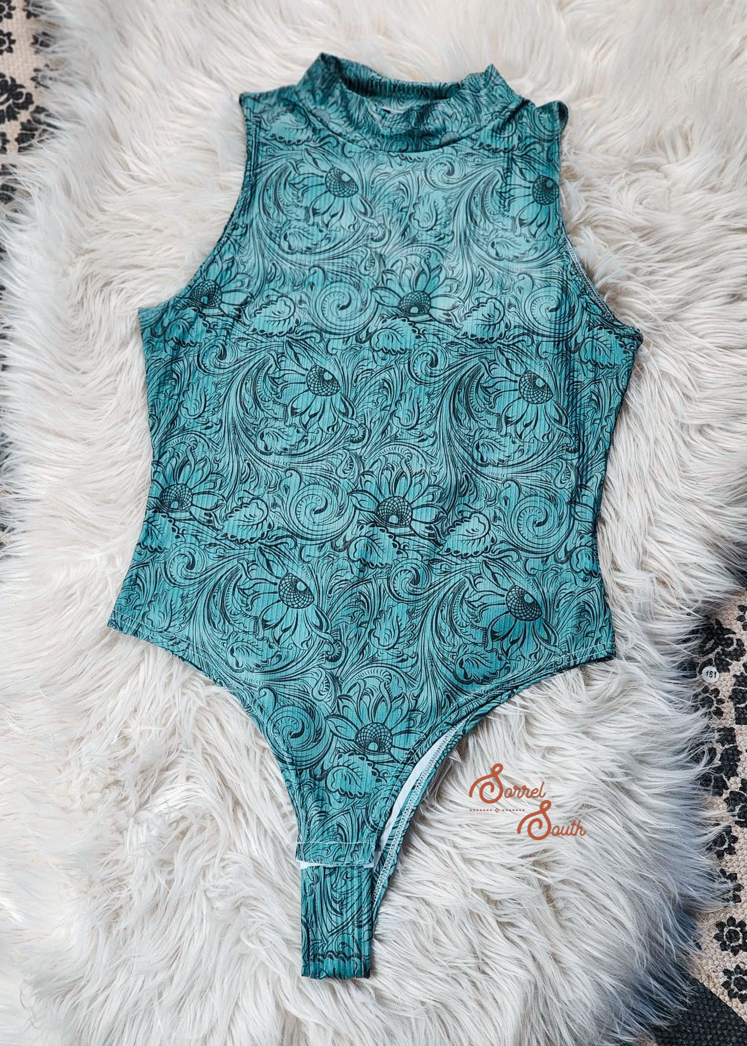 Teal Floral Leather Bodysuit bodysuit The Cinchy Cowgirl (YC)