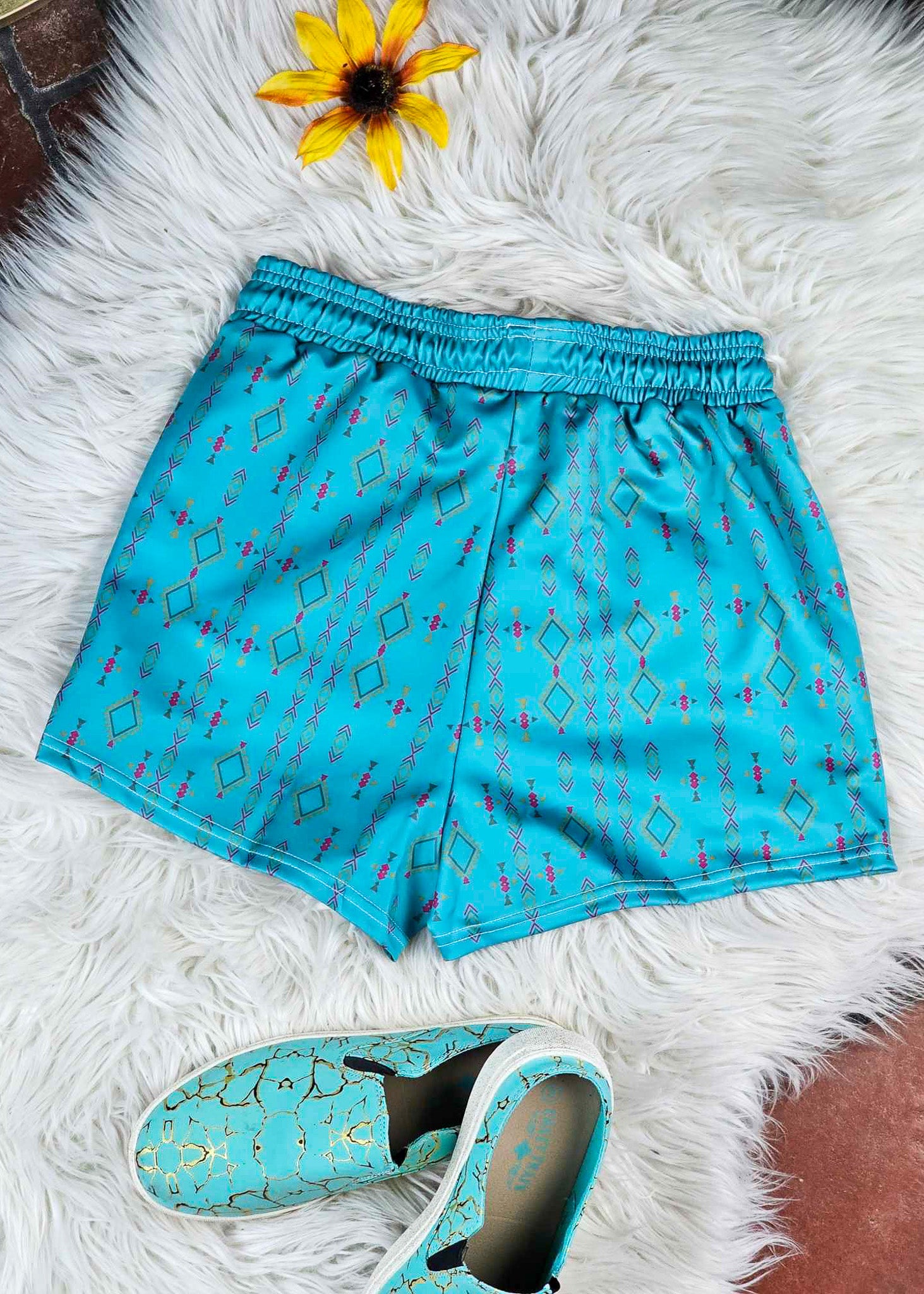 Teal Aztec Drawstring Shorts drawstring shorts The Cinchy Cowgirl (YC)