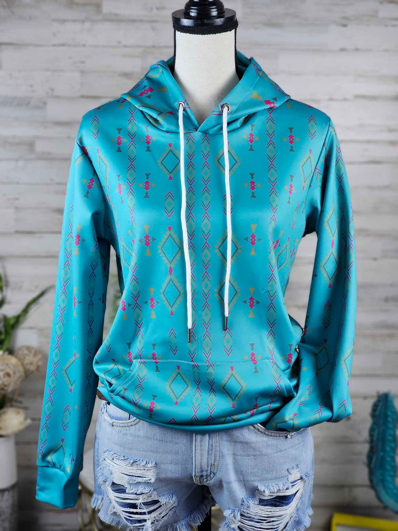 Teal Aztec Hoodie Hoodie The Cinchy Cowgirl (YC) S