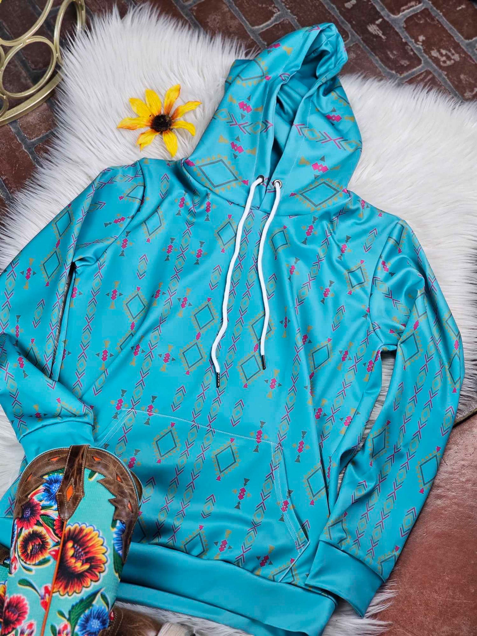 Teal Aztec Hoodie Hoodie The Cinchy Cowgirl (YC)