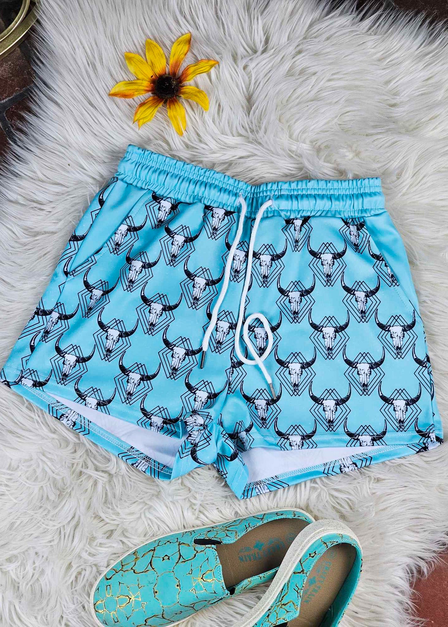 Teal Steer Skull Drawstring Shorts drawstring shorts The Cinchy Cowgirl (YC) XS