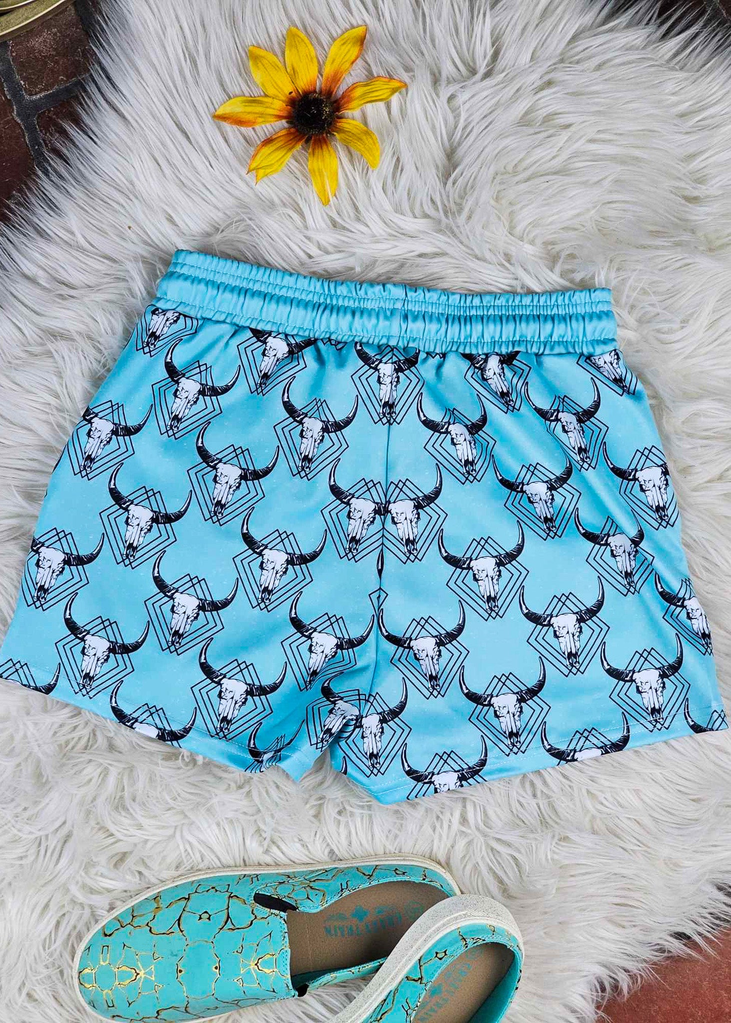 Teal Steer Skull Drawstring Shorts drawstring shorts The Cinchy Cowgirl (YC)