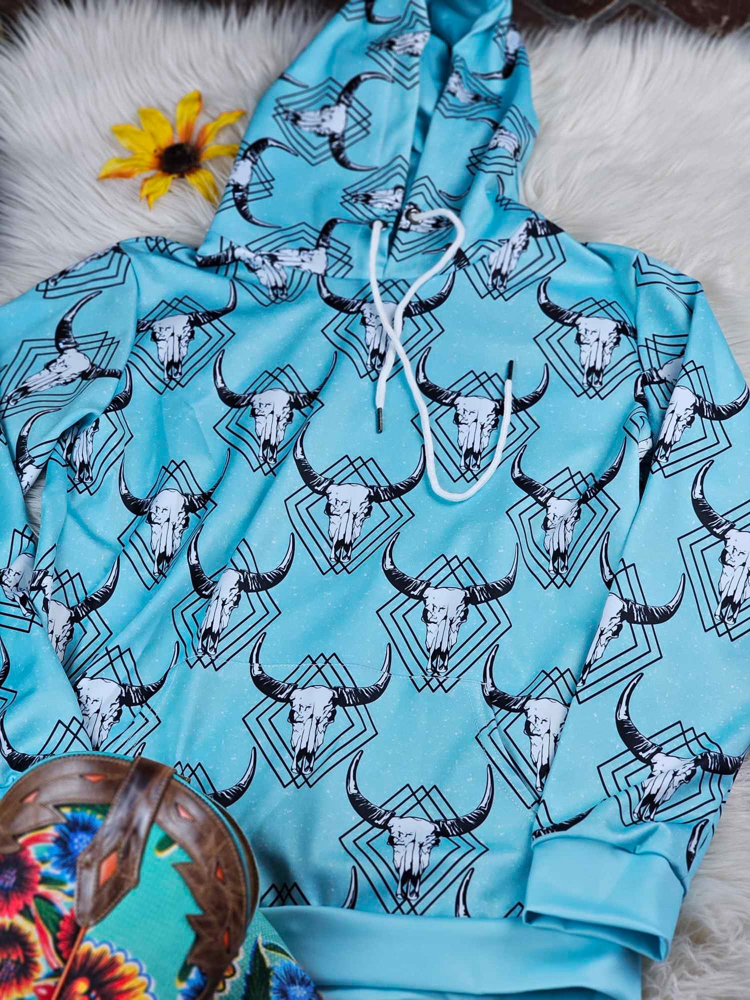 Teal Steer Skull Hoodie Hoodie The Cinchy Cowgirl (YC)