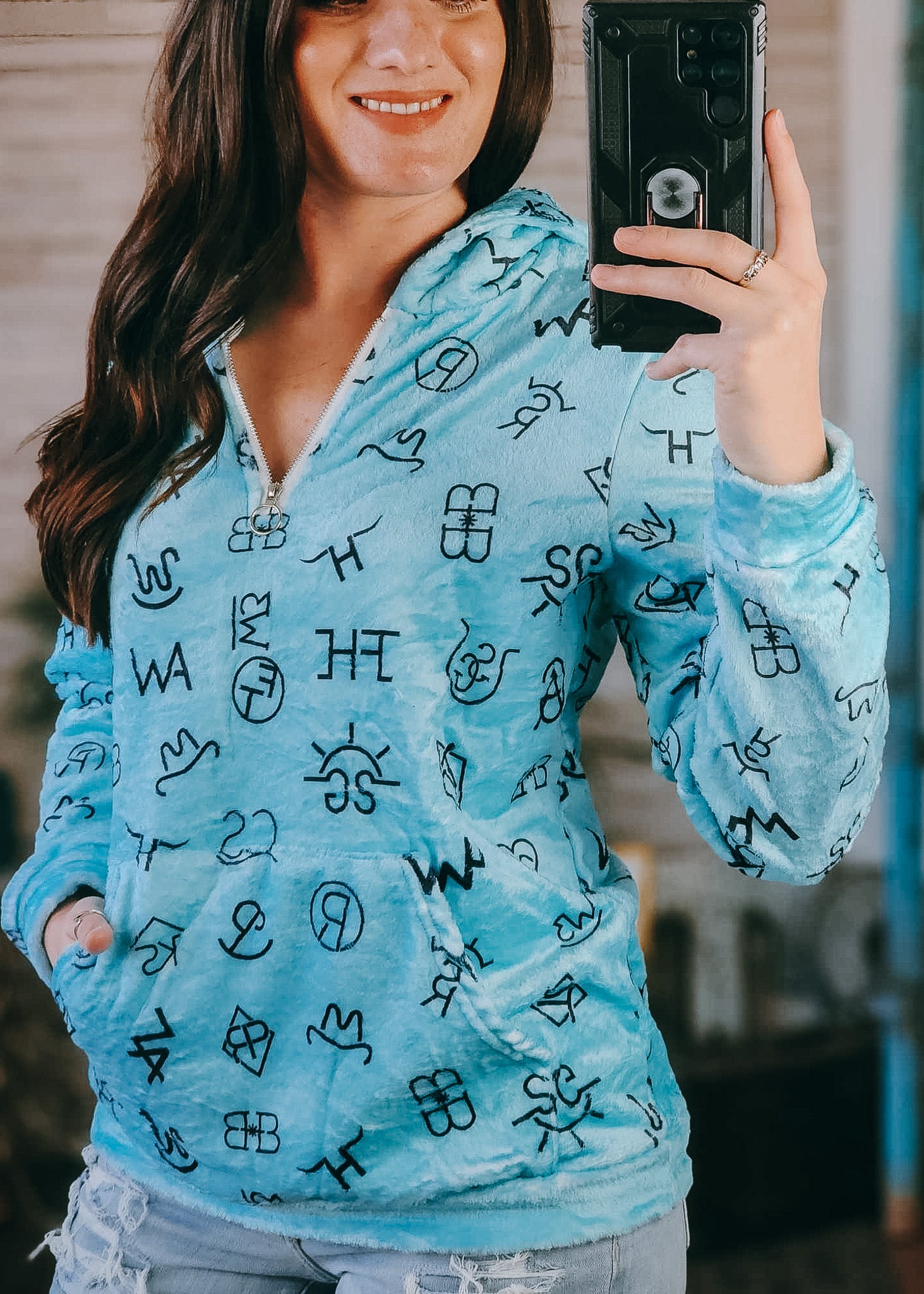 Turquoise Brands Fleece Zip Hoodie fleece hoodie The Cinchy Cowgirl (YC) S