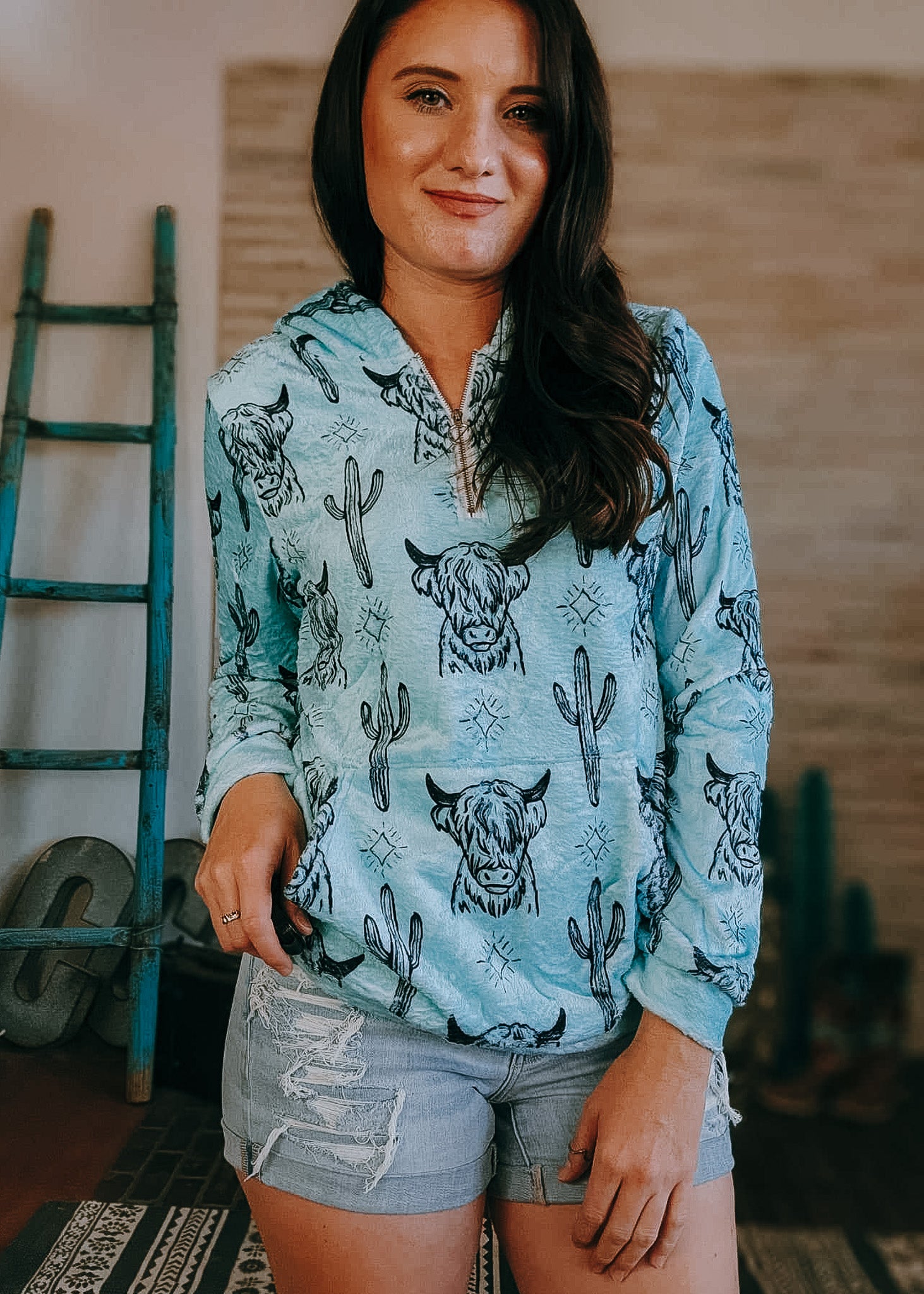 Turquoise Highland Cow Fleece Zip Hoodie fleece hoodie The Cinchy Cowgirl (YC)