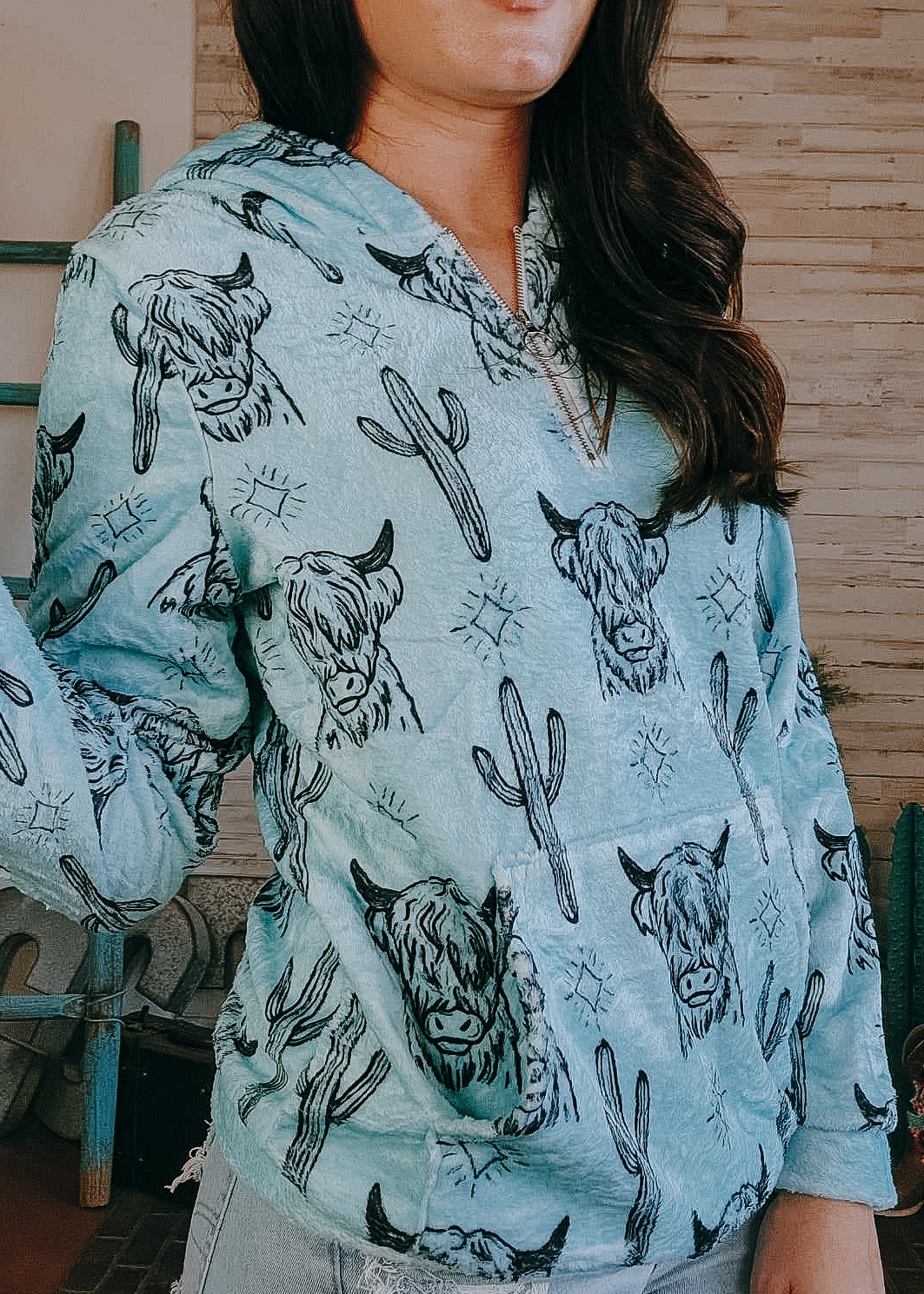 Turquoise Highland Cow Fleece Zip Hoodie fleece hoodie The Cinchy Cowgirl (YC)