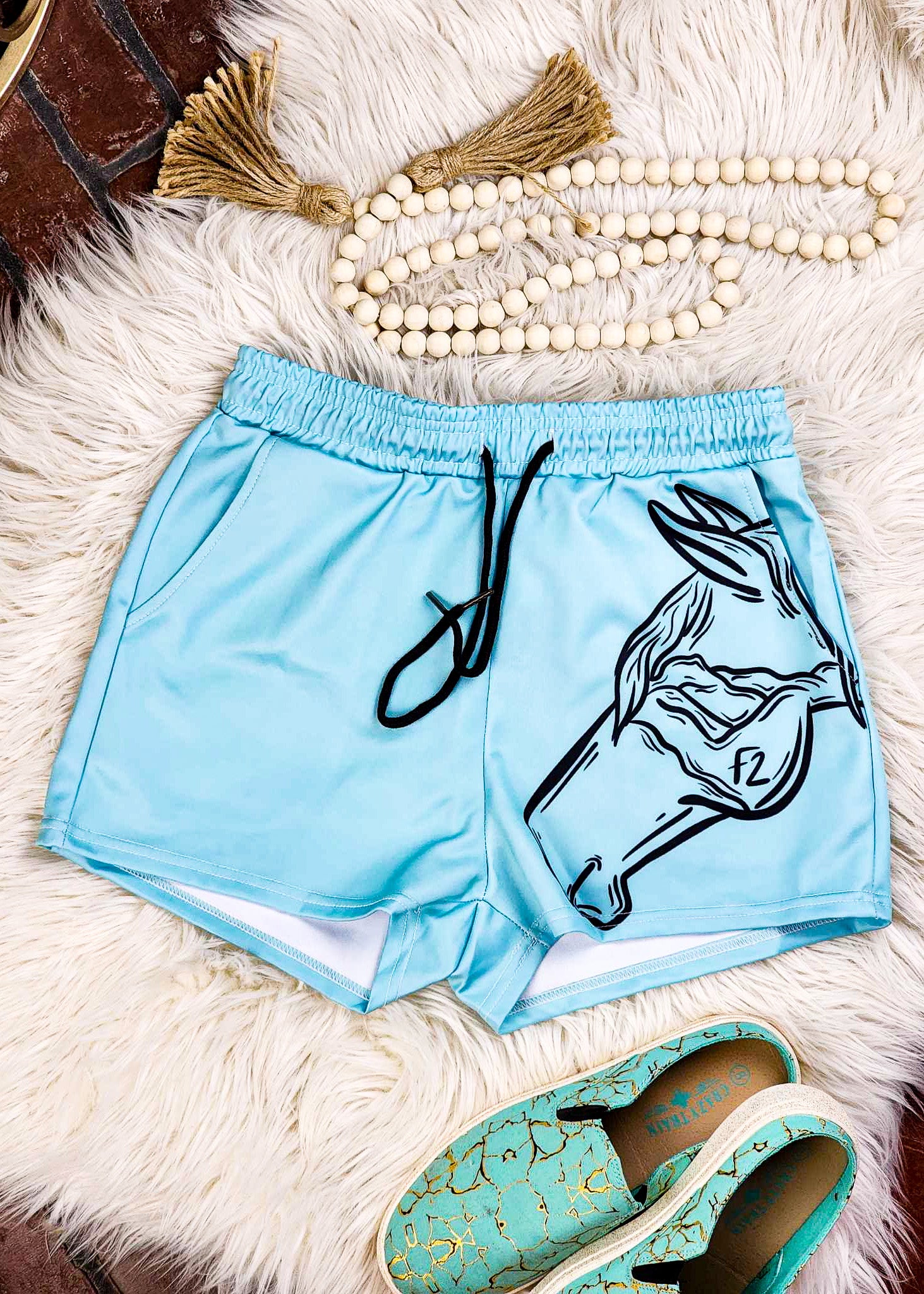 Turquoise Western Horse Head Drawstring Shorts drawstring shorts The Cinchy Cowgirl (YC) XS