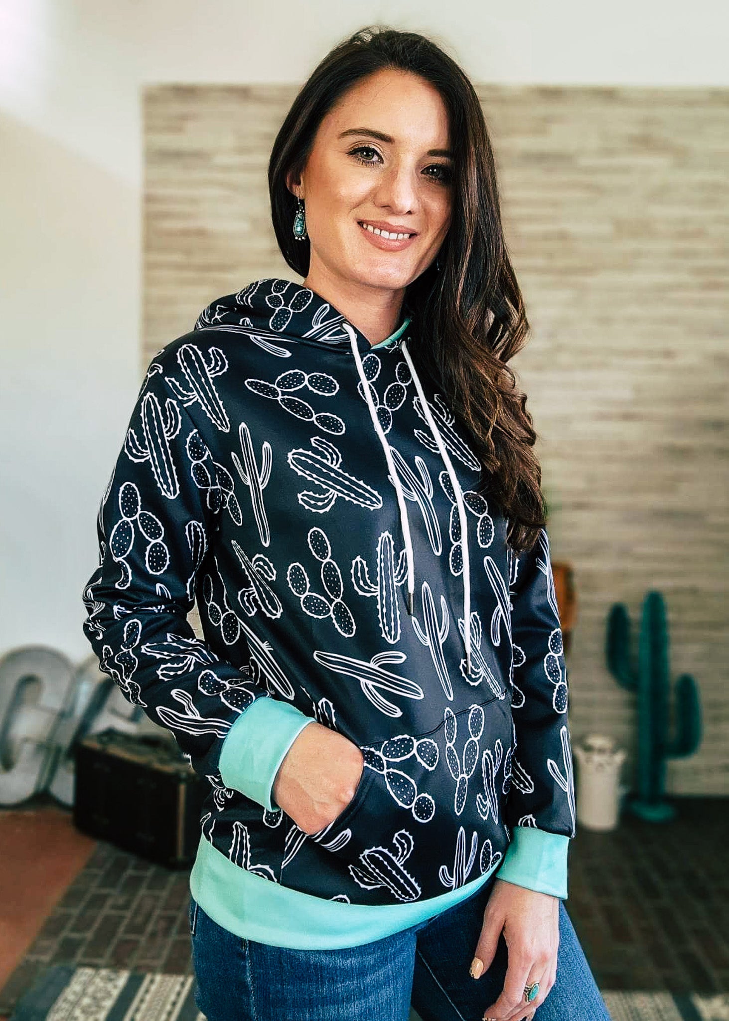 Turquoise & Black Cactus Hoodie Women's Pullover Hoodie With Drawstring The Cinchy Cowgirl (YC) S