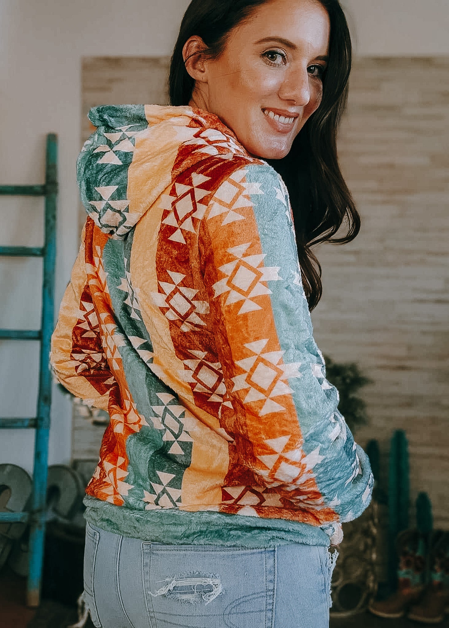 Warm Tones Aztec Fleece Zip Hoodie fleece hoodie The Cinchy Cowgirl (YC)