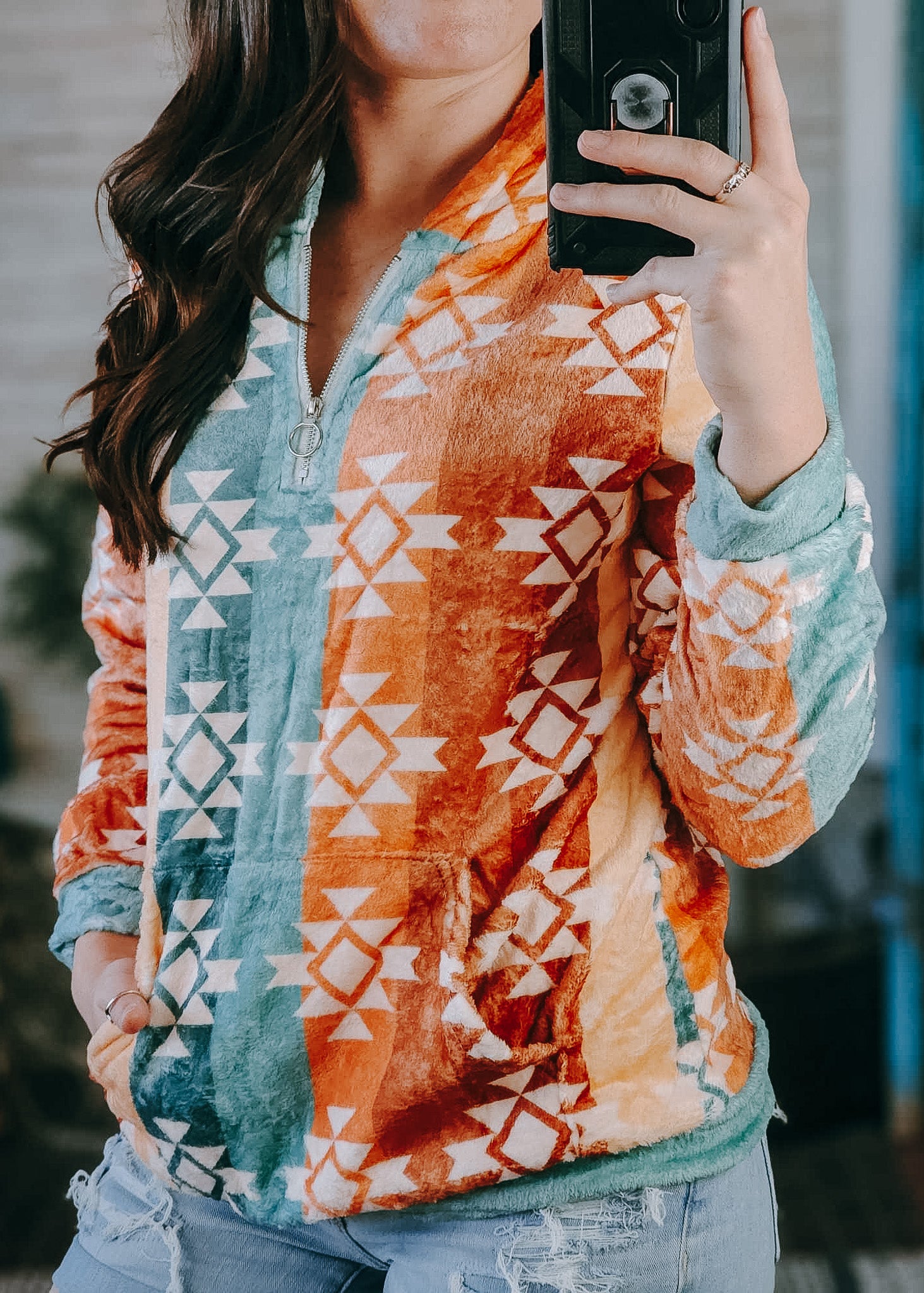 Warm Tones Aztec Fleece Zip Hoodie fleece hoodie The Cinchy Cowgirl (YC)