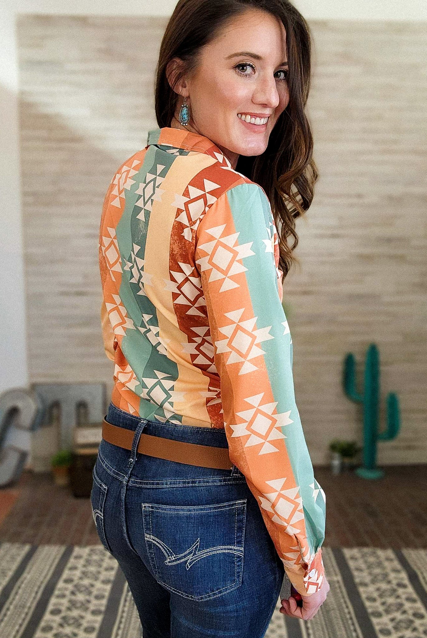 Warm Tones Aztec Long Sleeve Button Down YC Long Sleeve Button Down The Cinchy Cowgirl (YC)