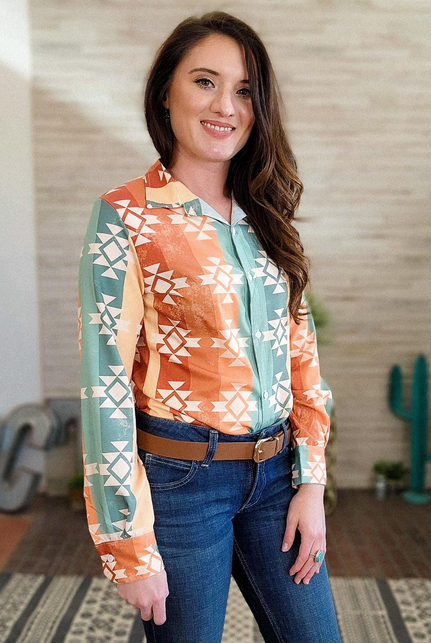 Warm Tones Aztec Long Sleeve Button Down YC Long Sleeve Button Down The Cinchy Cowgirl (YC)