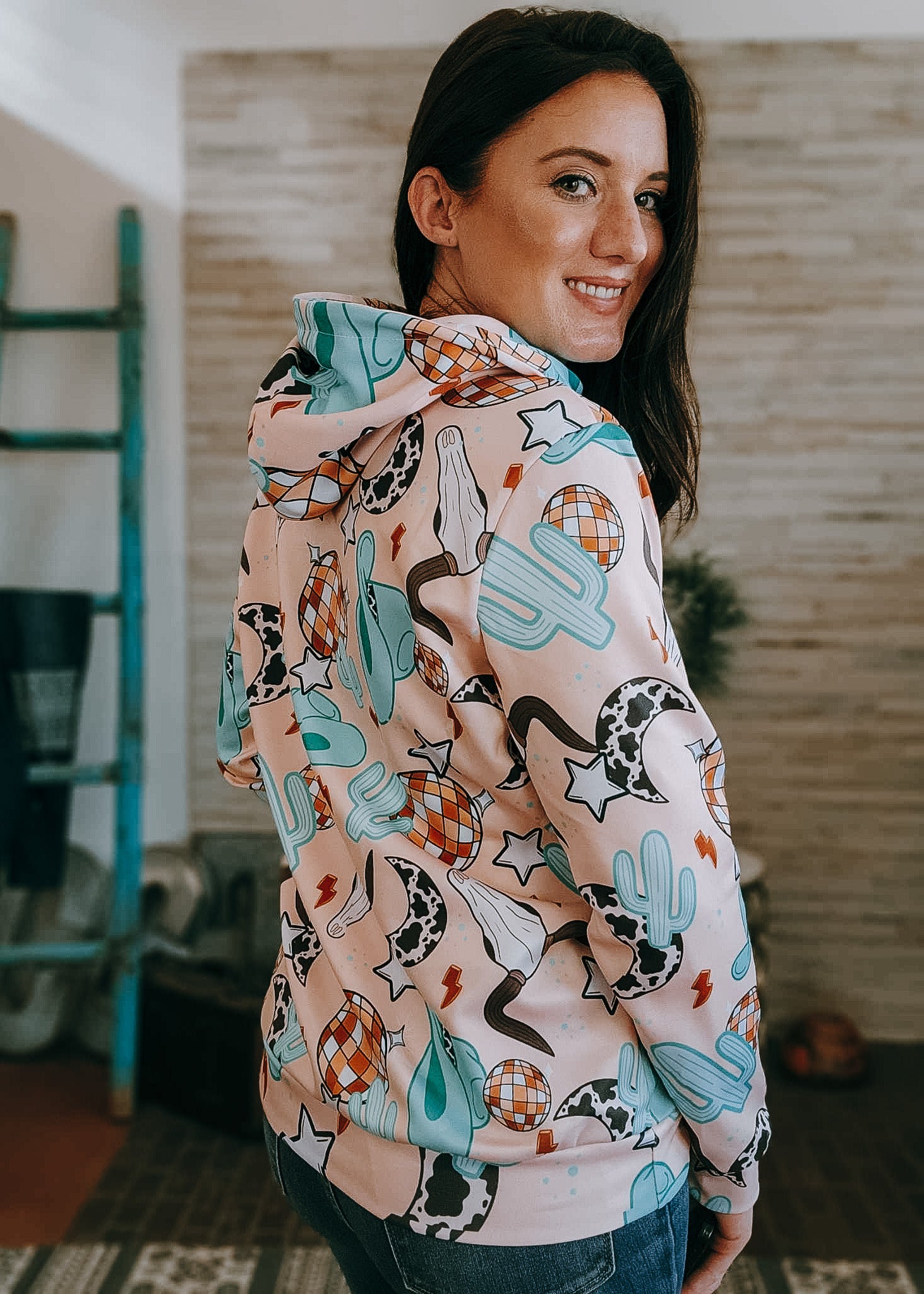 Western Disco Hoodie Women's Pullover Hoodie With Drawstring The Cinchy Cowgirl (YC)