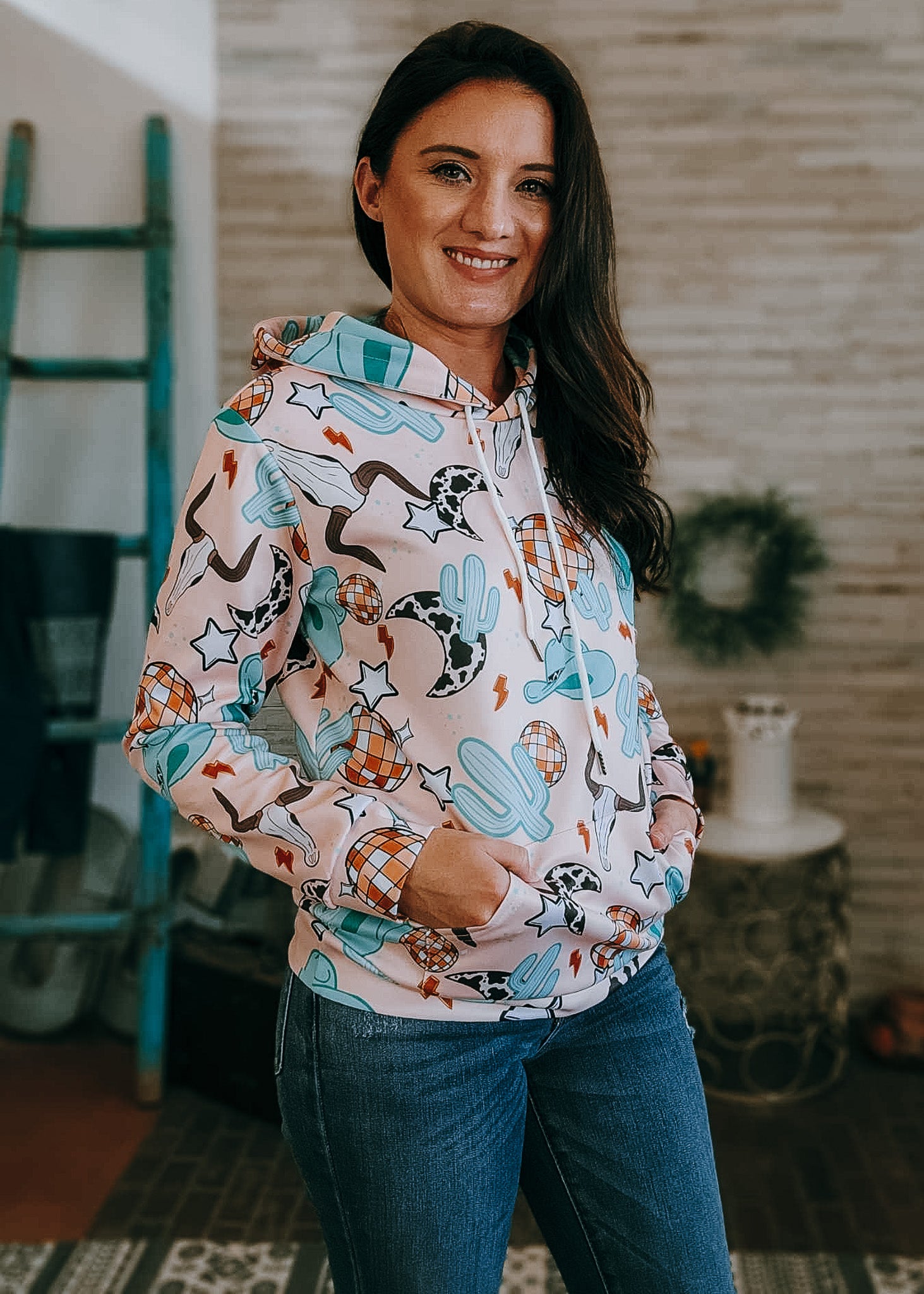 Western Disco Hoodie Women's Pullover Hoodie With Drawstring The Cinchy Cowgirl (YC)