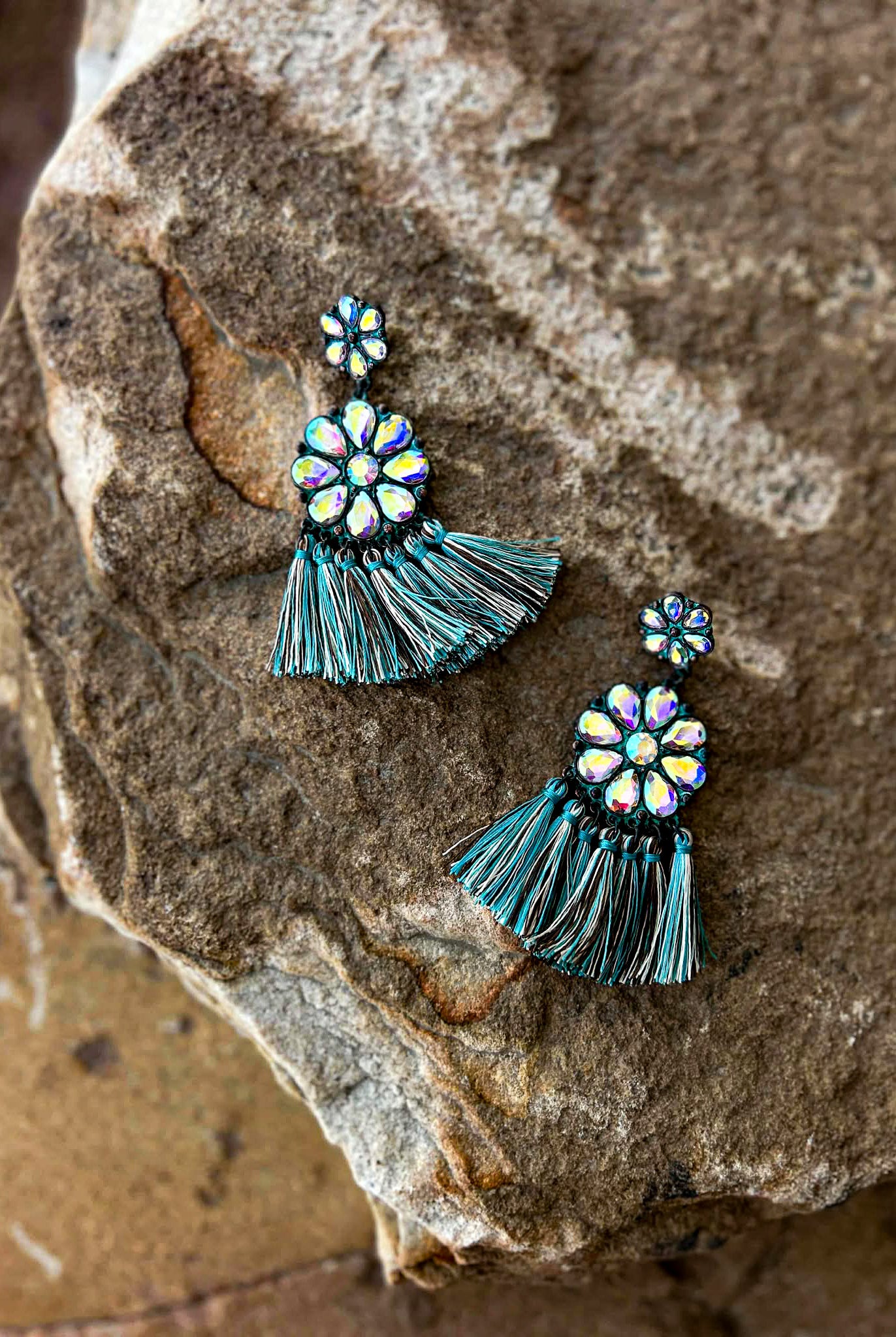 Flower Concho Stone With Tassel Stud Earrings Earrings Blue Tortoise