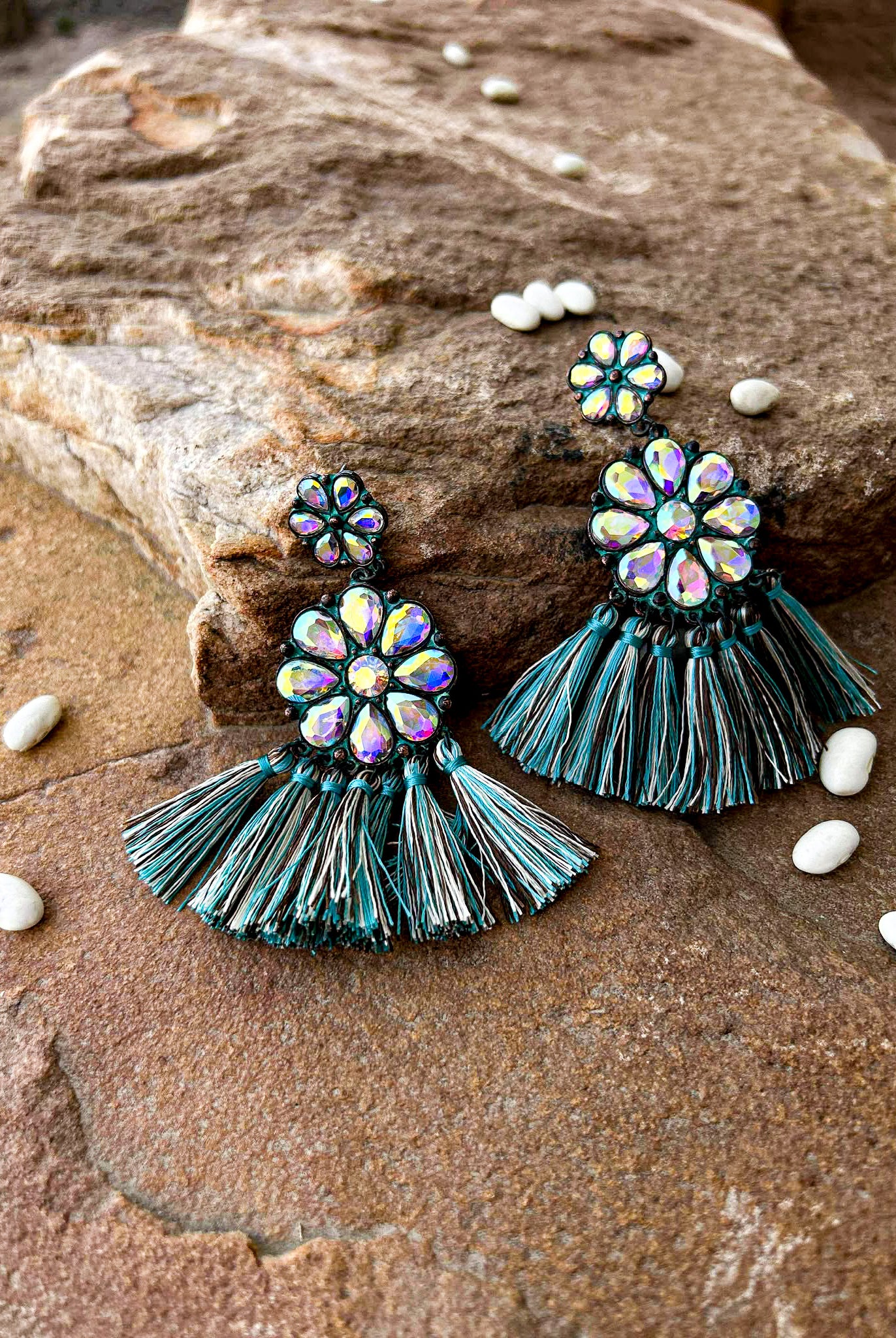 Flower Concho Stone With Tassel Stud Earrings Earrings Blue Tortoise