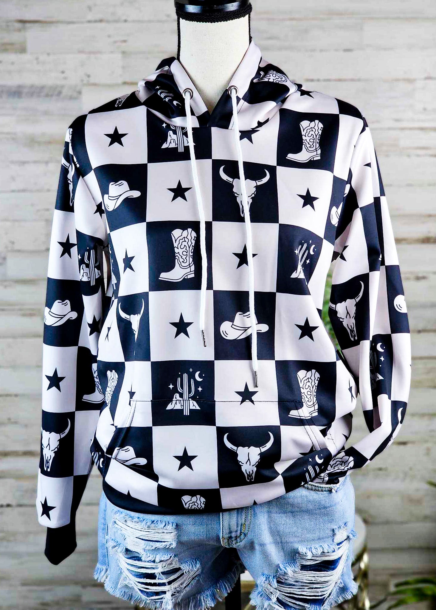Cream & Black Western Checkered Hoodie Hoodie The Cinchy Cowgirl (YC)