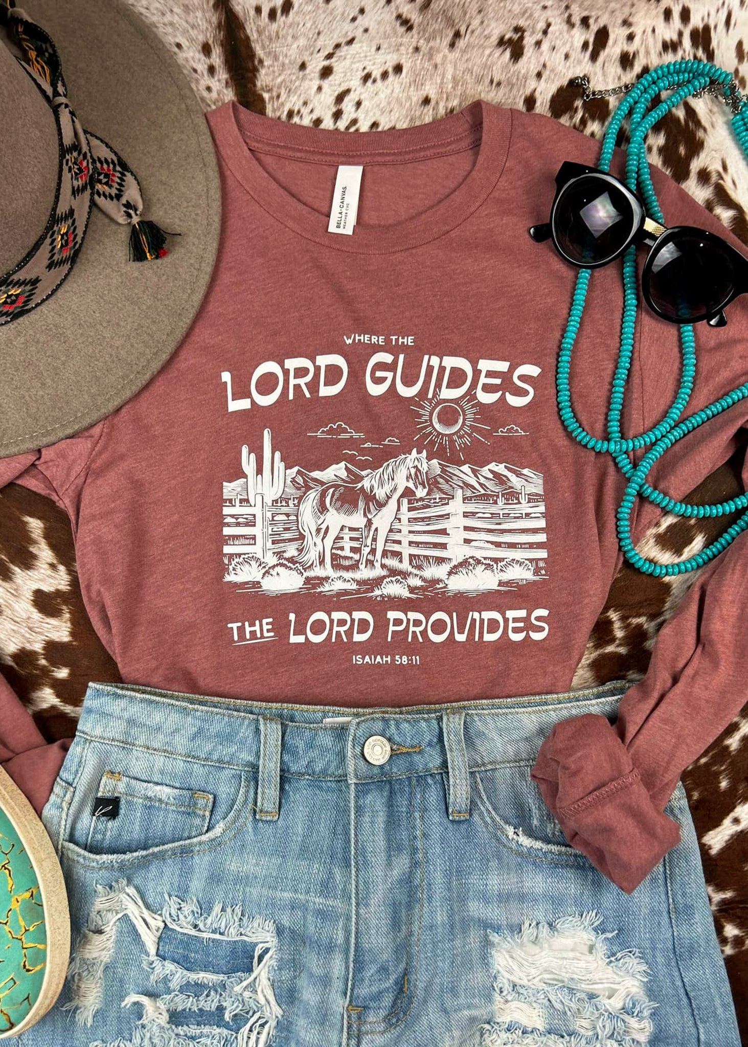 Heather Mauve Where The Lord Guides Graphic Tee tcc graphic tee The Cinchy Cowgirl