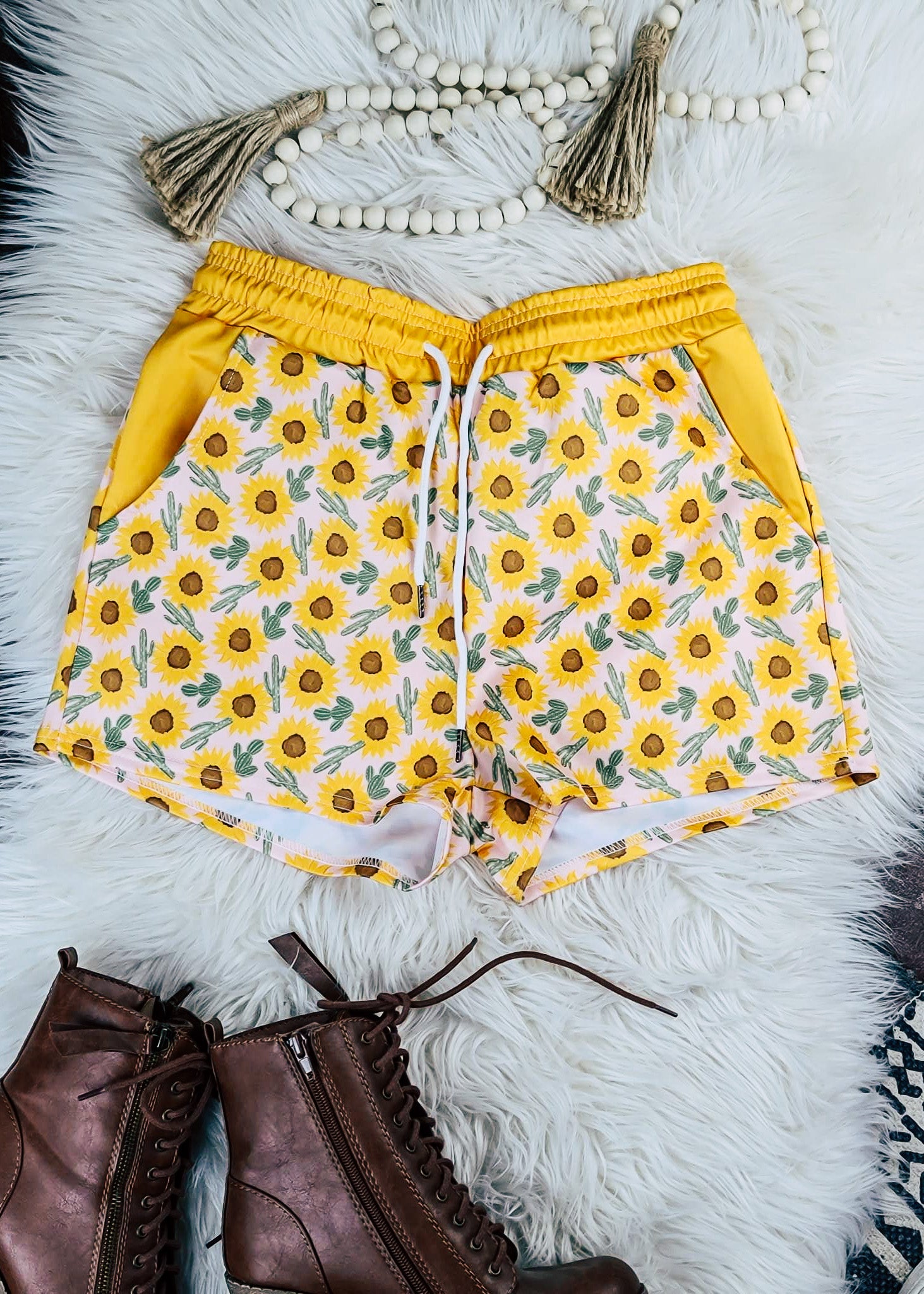 Yellow Sunflower & Cactus Drawstring Shorts drawstring shorts The Cinchy Cowgirl (YC) XS