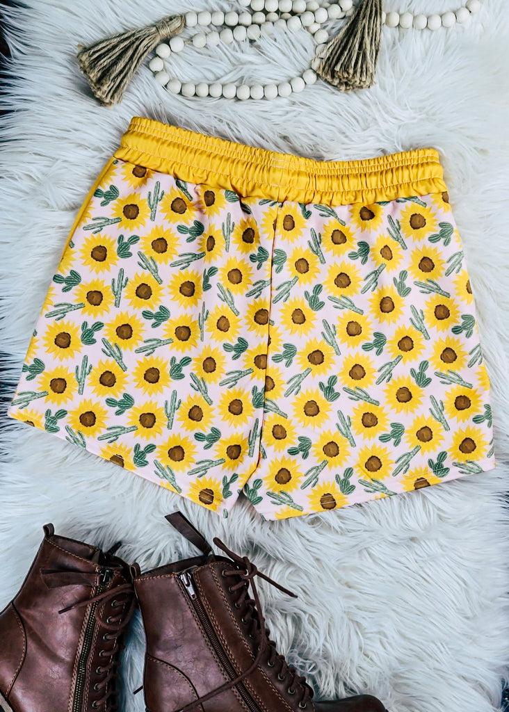 Yellow Sunflower & Cactus Drawstring Shorts drawstring shorts The Cinchy Cowgirl (YC)   