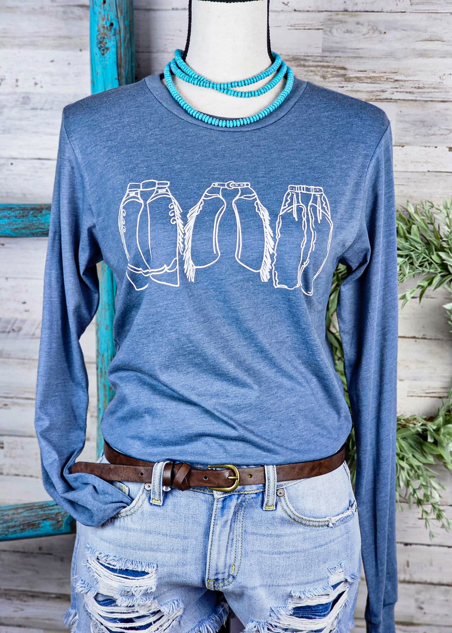 Chap Trio Heather Slate Long Sleeve Graphic Tee tcc graphic tee The Cinchy Cowgirl