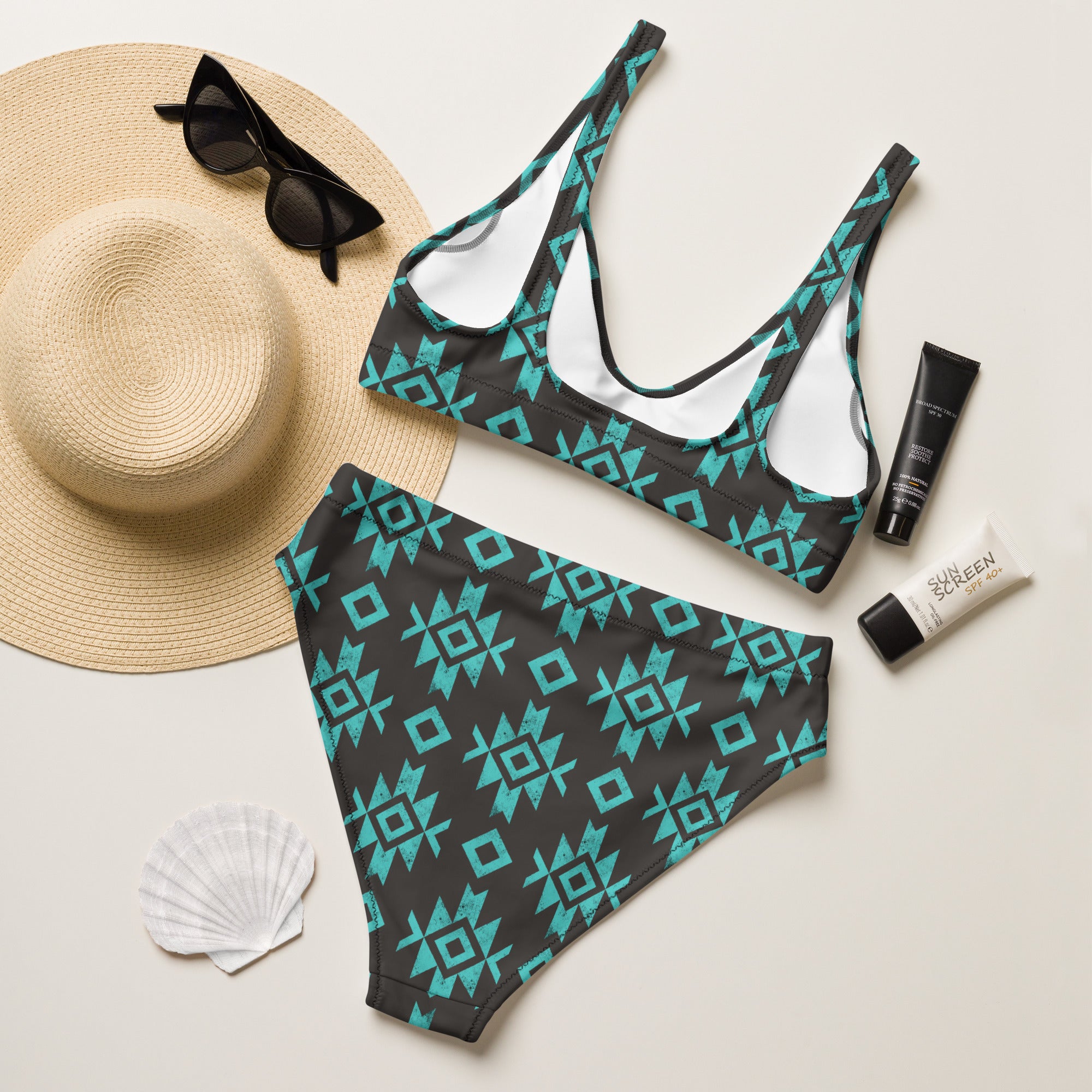 Black & Turquoise Aztec High Waisted Bikini high waisted bikini The Cinchy Cowgirl