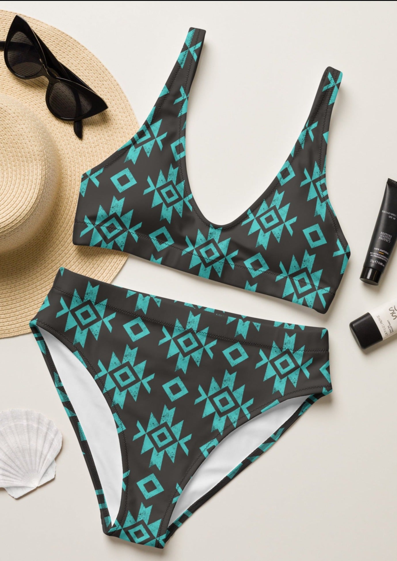 Black & Turquoise Aztec High Waisted Bikini high waisted bikini The Cinchy Cowgirl XS