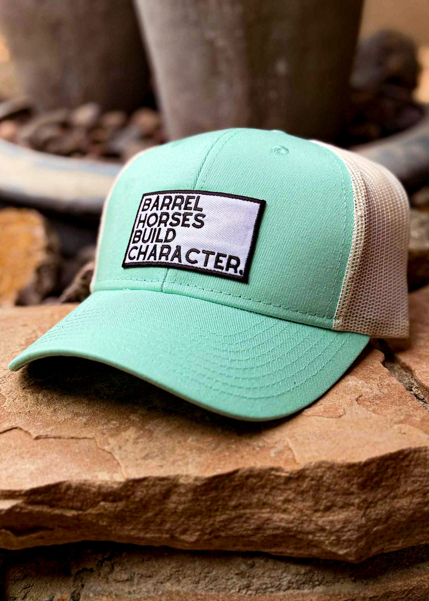 Patch Barrel Horses Build Character Trucker Hat Patch TCC Hat The Cinchy Cowgirl Seafoam