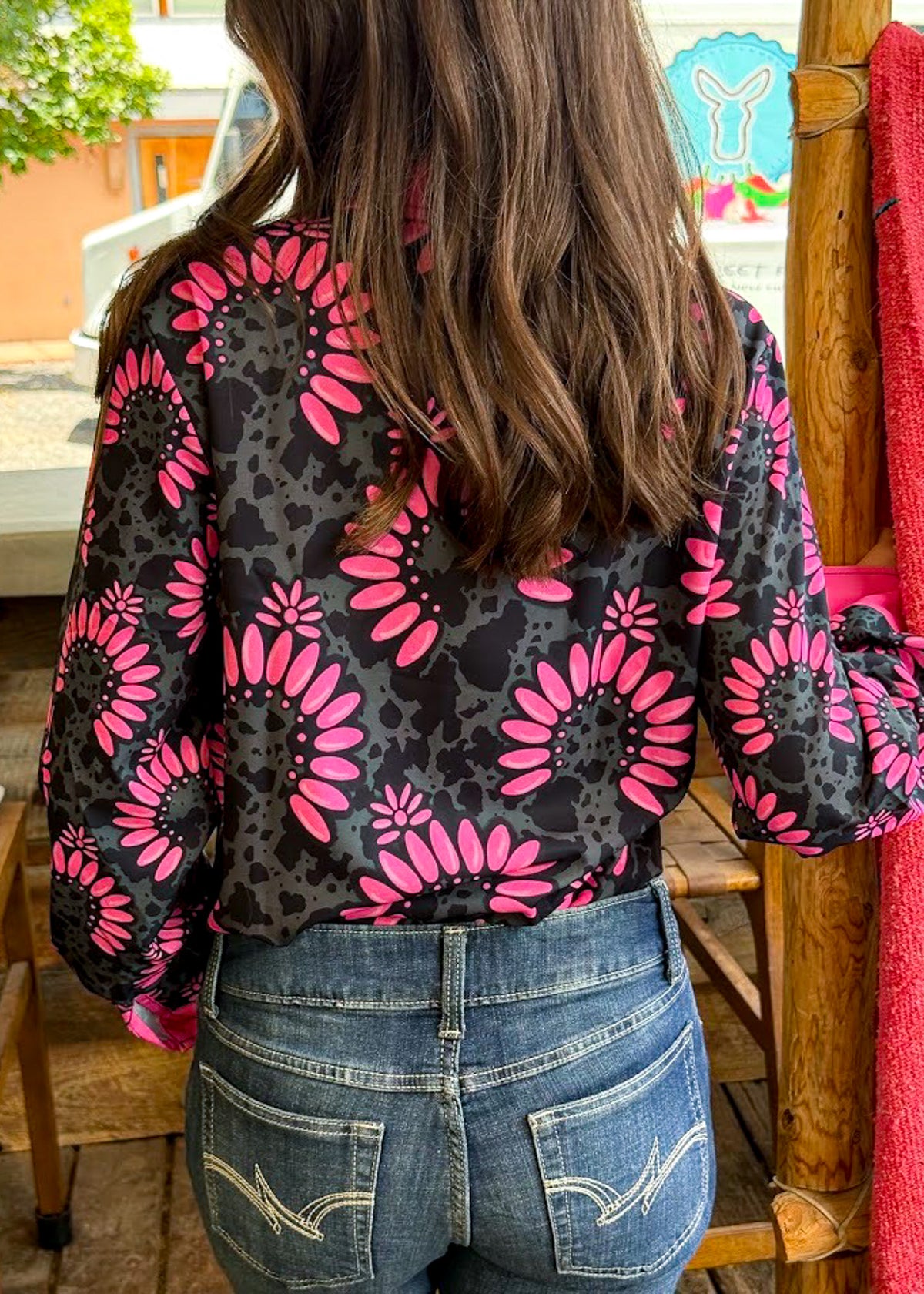 Pink & Black Squash Blossom Long Sleeve Button Down YC Long Sleeve Button Down The Cinchy Cowgirl (YC)