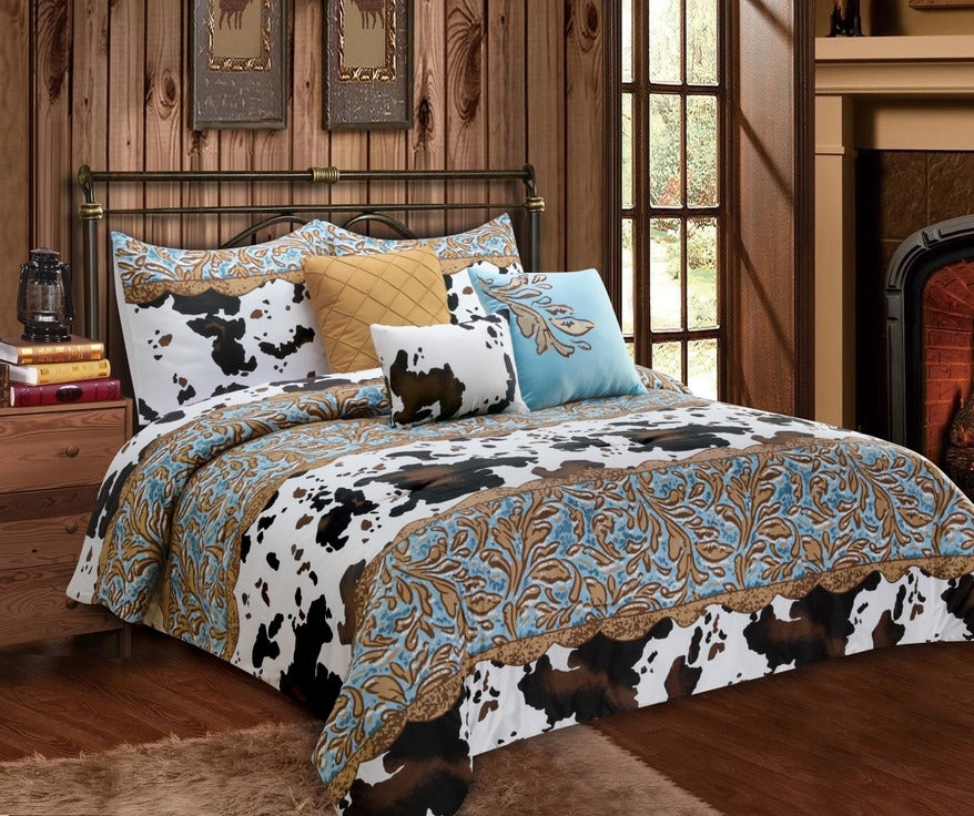 6 Piece Tooled Leather & Cowprint Bed Set bed set WL   