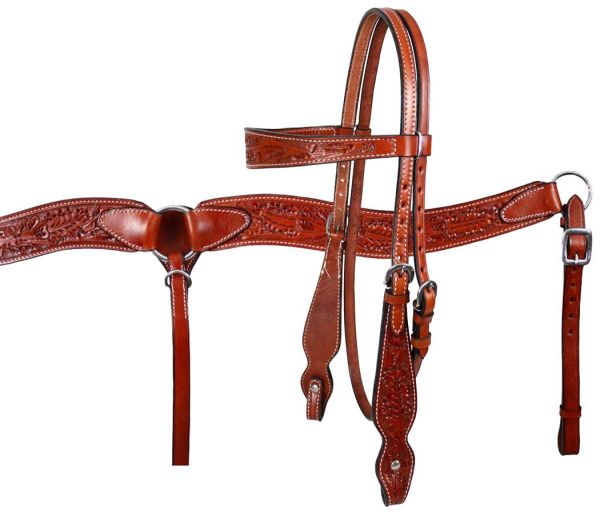 Double Stitched Leather browband Headstall and Breast Collar set with Acorn Tooling headstall set Shiloh