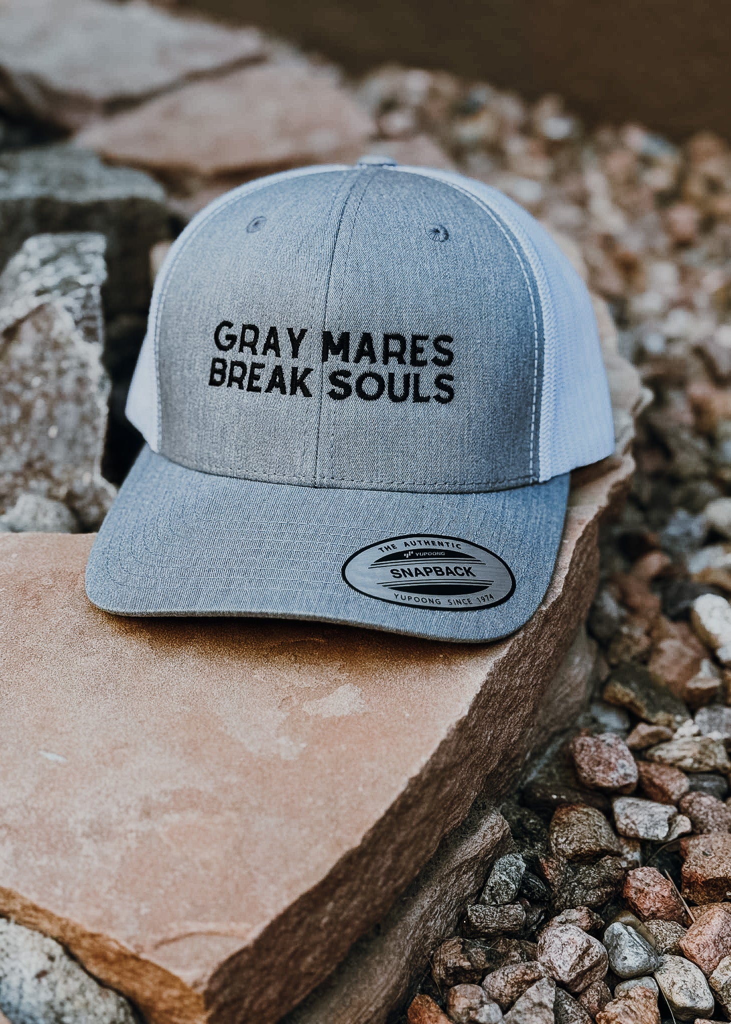 Gray & White Embroidered GRAY Mares Break Souls Trucker Hat Embroidered TCC Hat The Cinchy Cowgirl