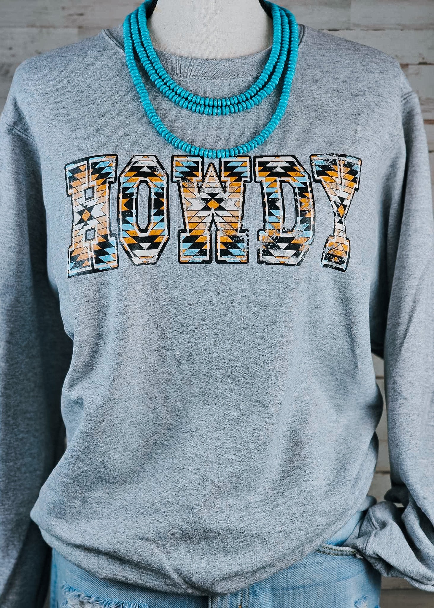 Heather Gray Aztec HOWDY Fleece Pullover Graphic Sweatshirt The Cinchy Cowgirl