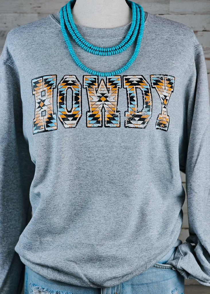 Heather Gray Aztec HOWDY Fleece Pullover Graphic Sweatshirt The Cinchy Cowgirl   