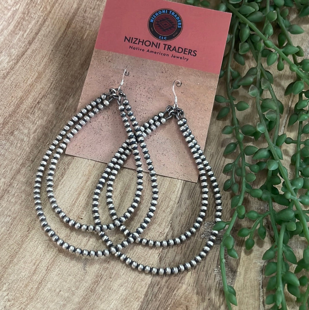 Navajo Pearl Style Sterling Silver Beaded Dangle Hoop Earrings NT jewelry Nizhoni Traders LLC   